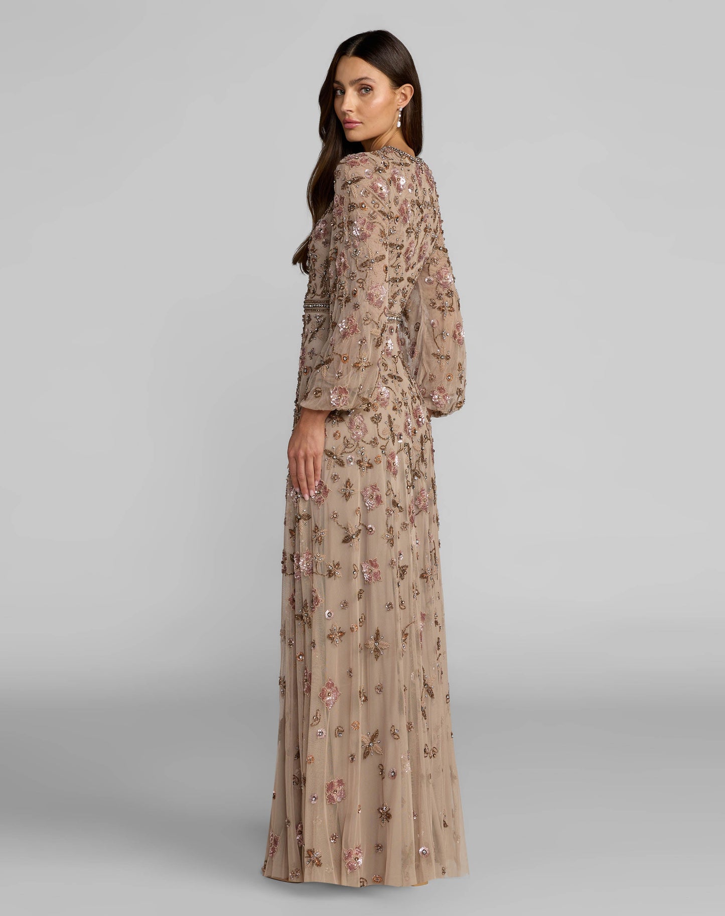 Beige Crystal Beaded Floral Bishop Sleeve Gown