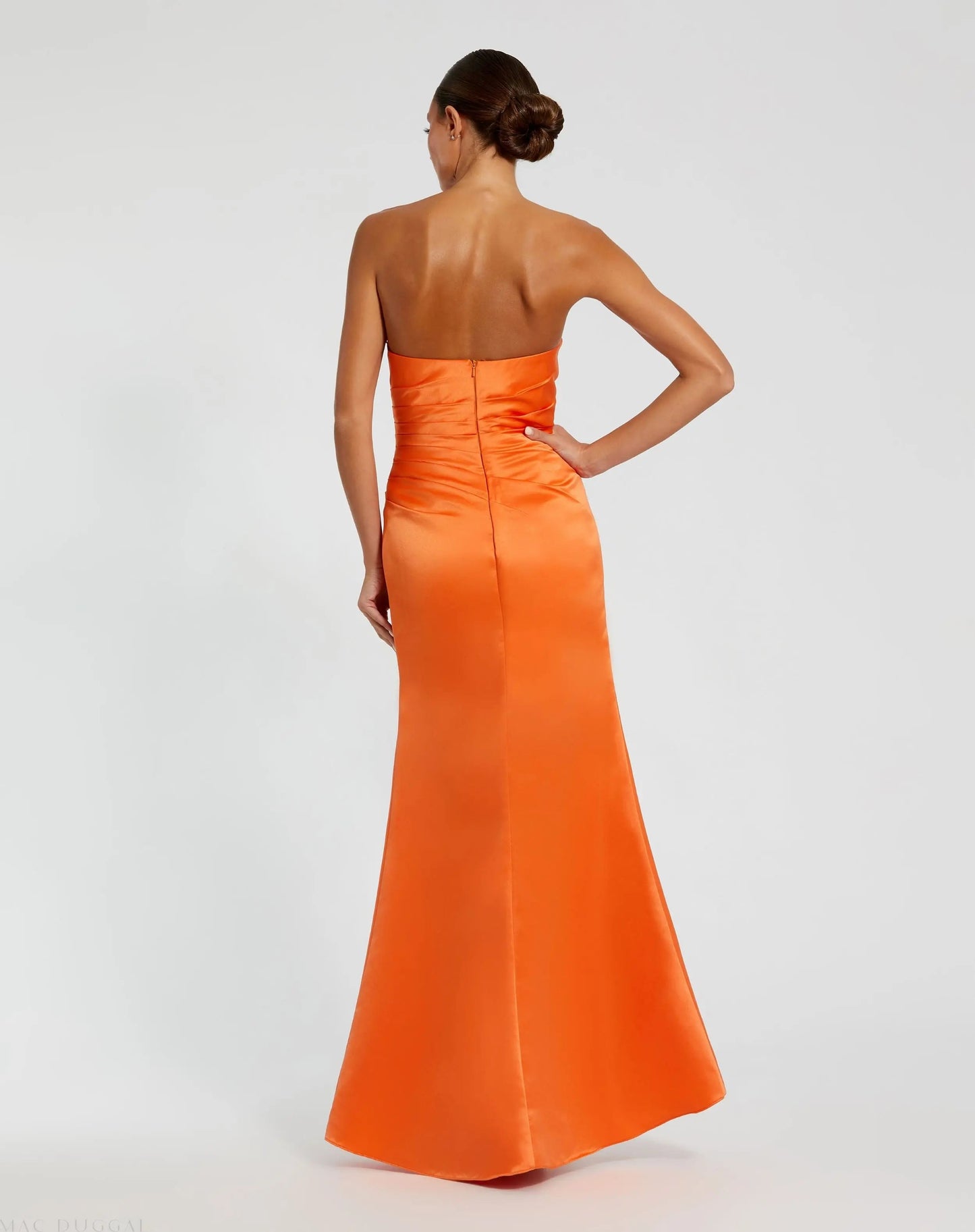 Orange Strapless Satin Gown With Slit