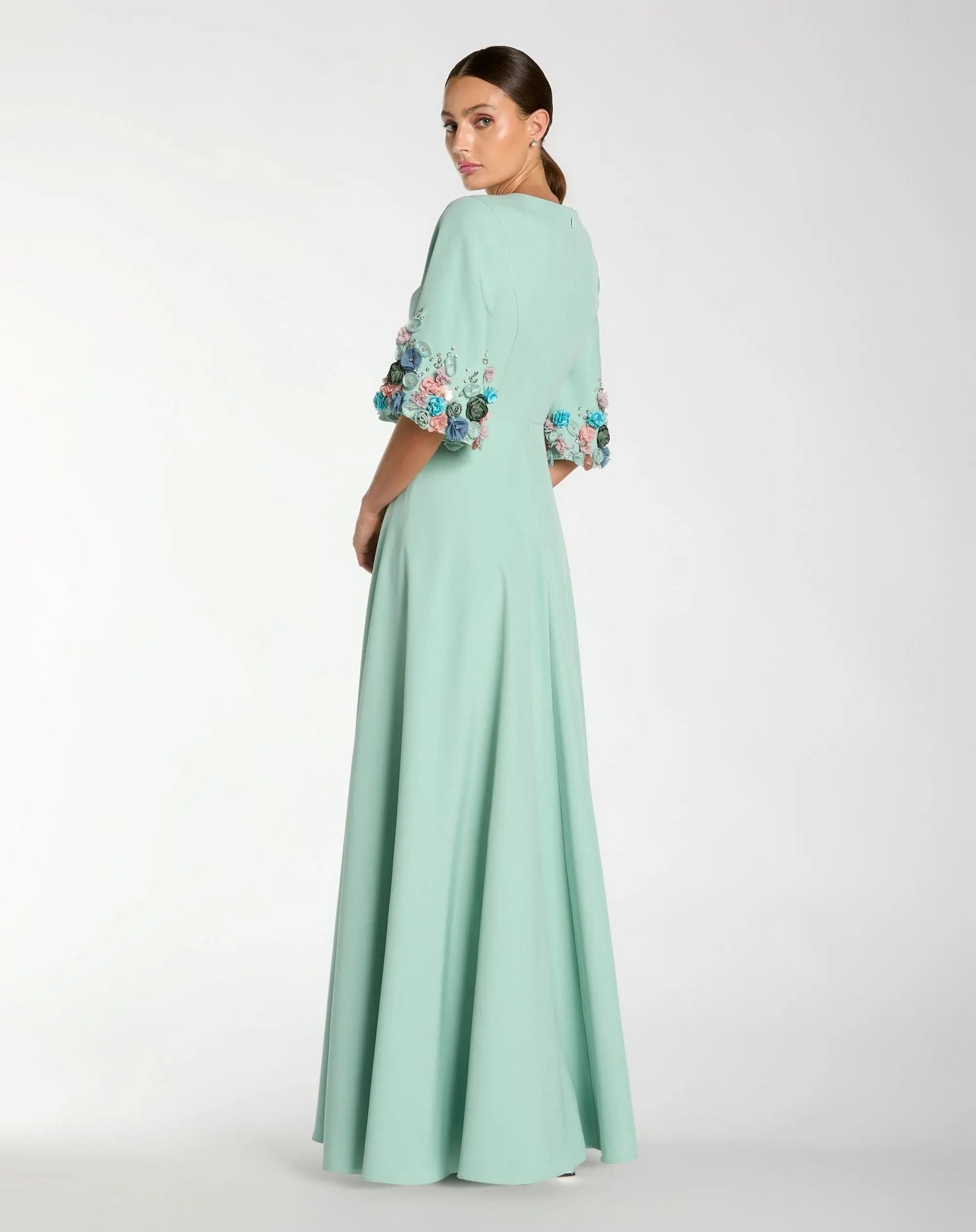 Green Crepe 3/4 Sleeve A-line Gown With Flower Trim