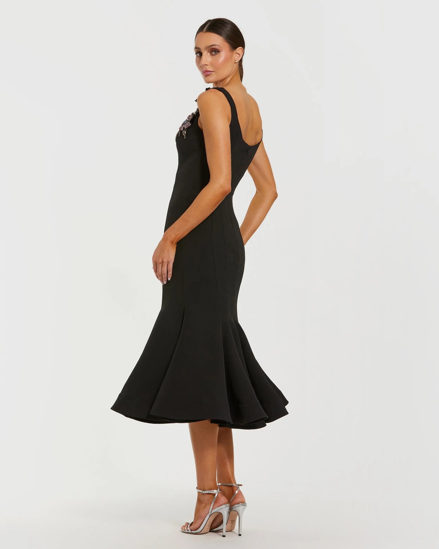 Black Sleeveless Midi Dress With Floral Embellishments