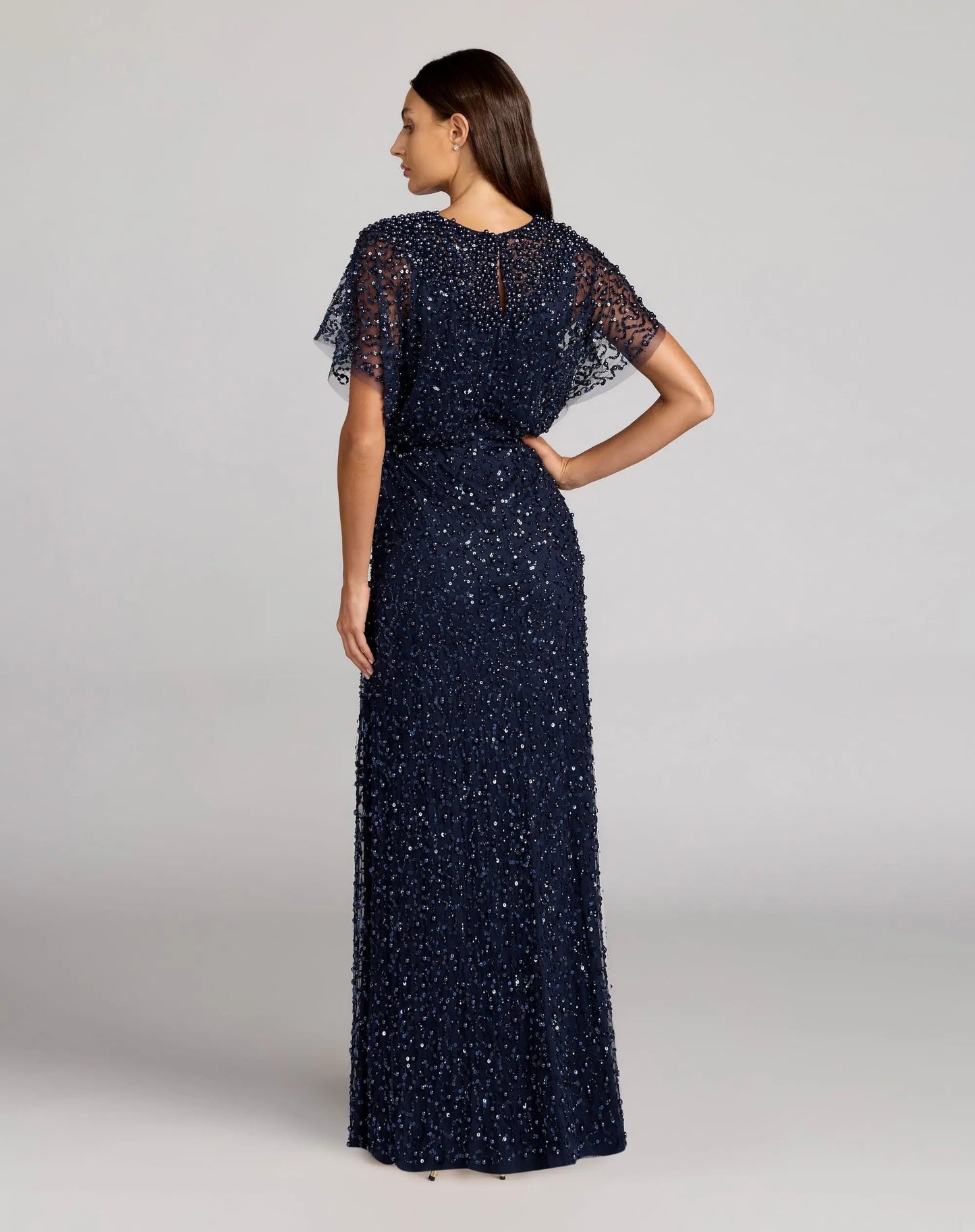 Navy High Neck Short Sleeve Embellished Gown