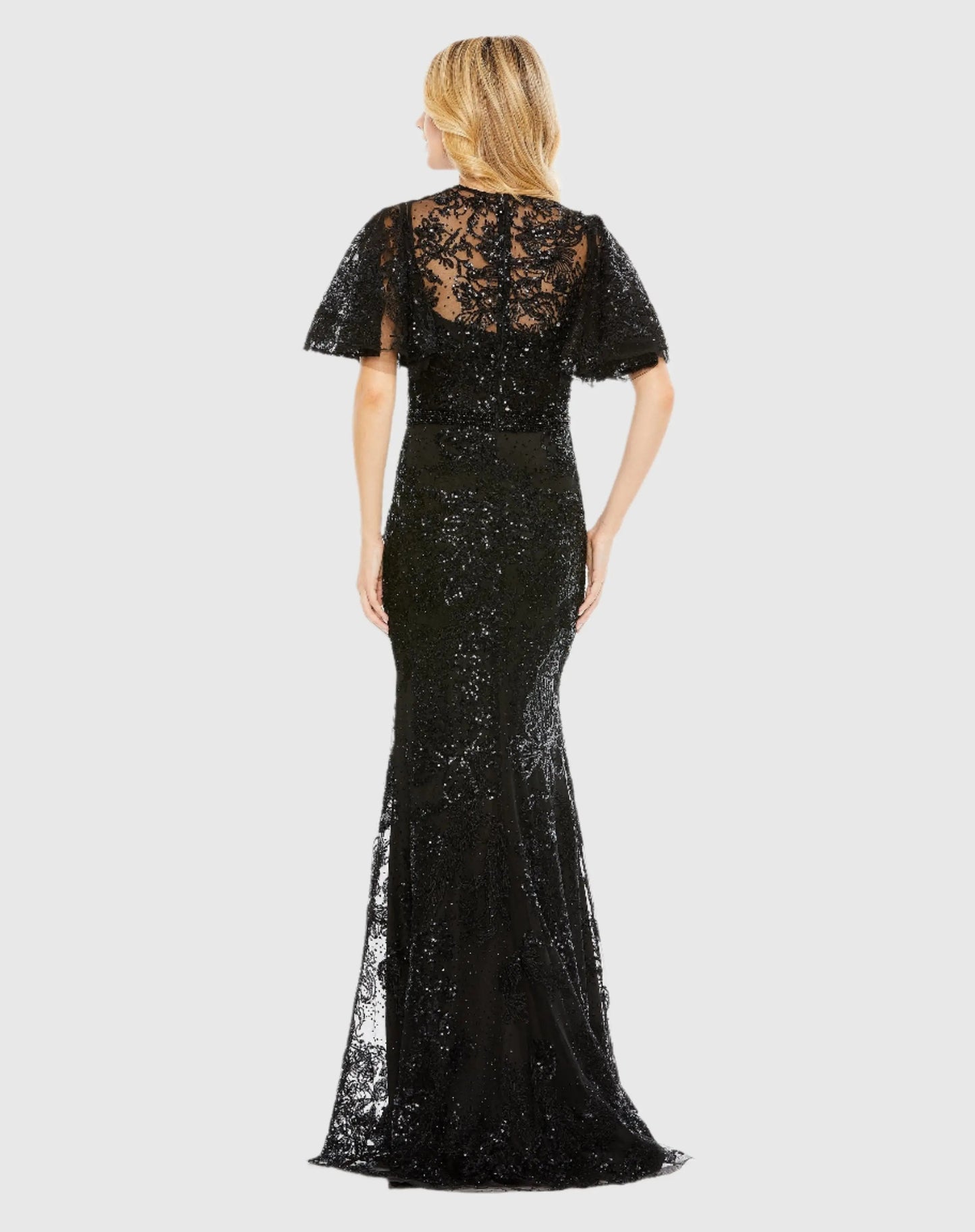 Black Embellished Flutter Sleeve High Neck Gown - FINAL SALE
