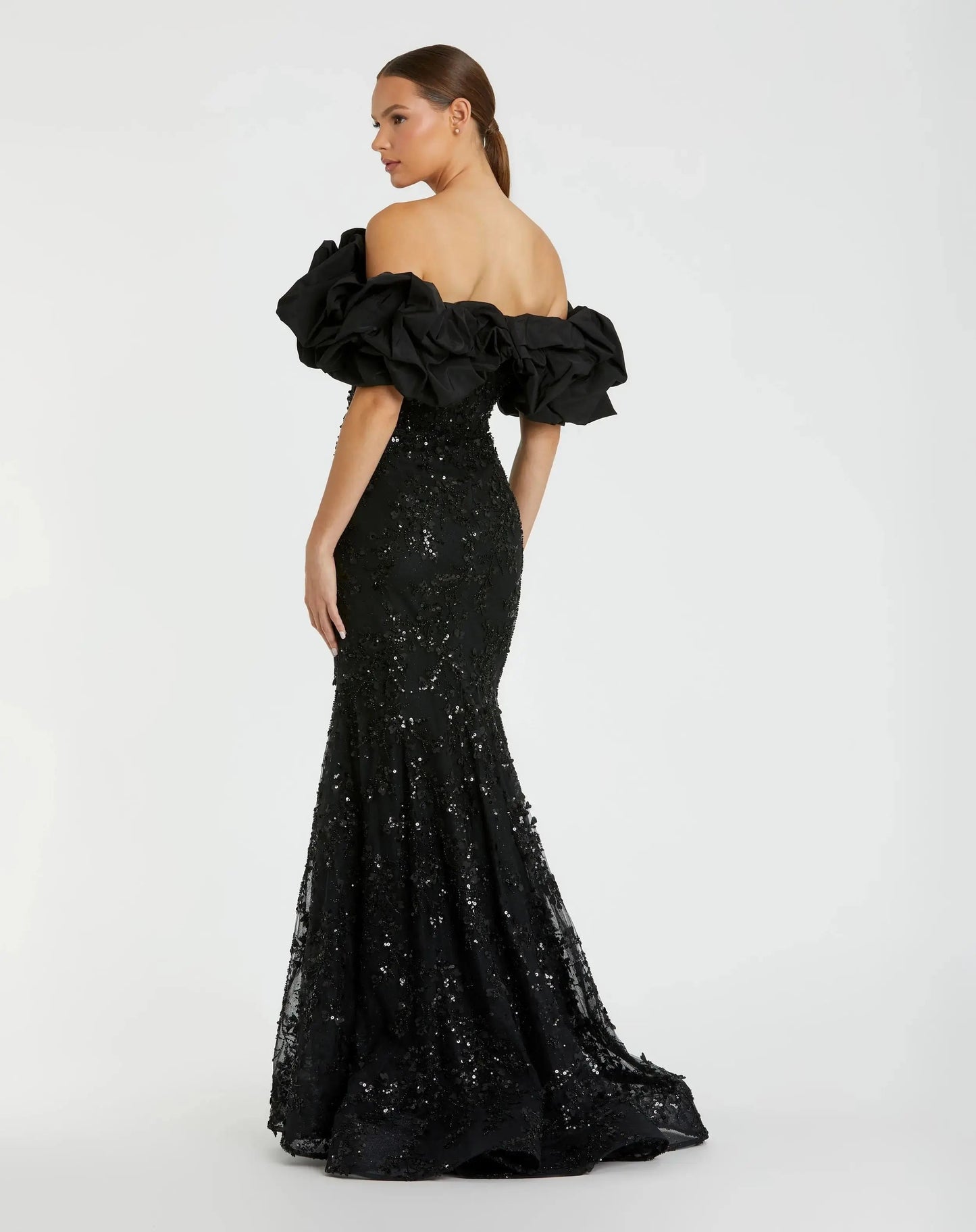 Black Embellished Mermaid Gown With Off The Shoulder Ruffle