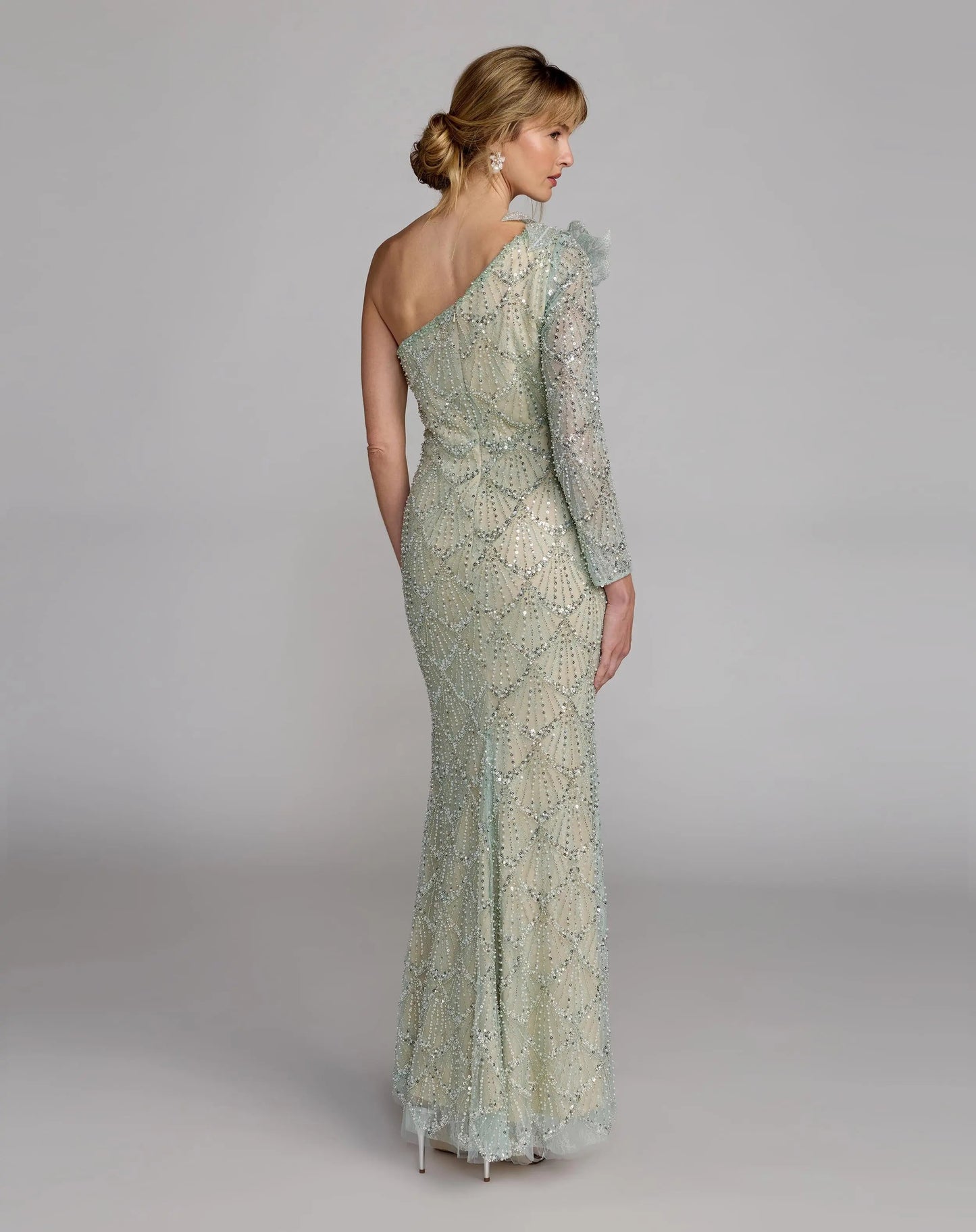 Green One Shoulder Embellished Gown With Floral Accent