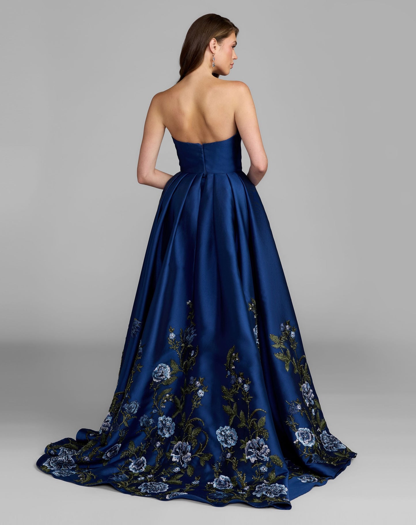 Blue Floral Embroidered Mikado Strapless Ball Gown