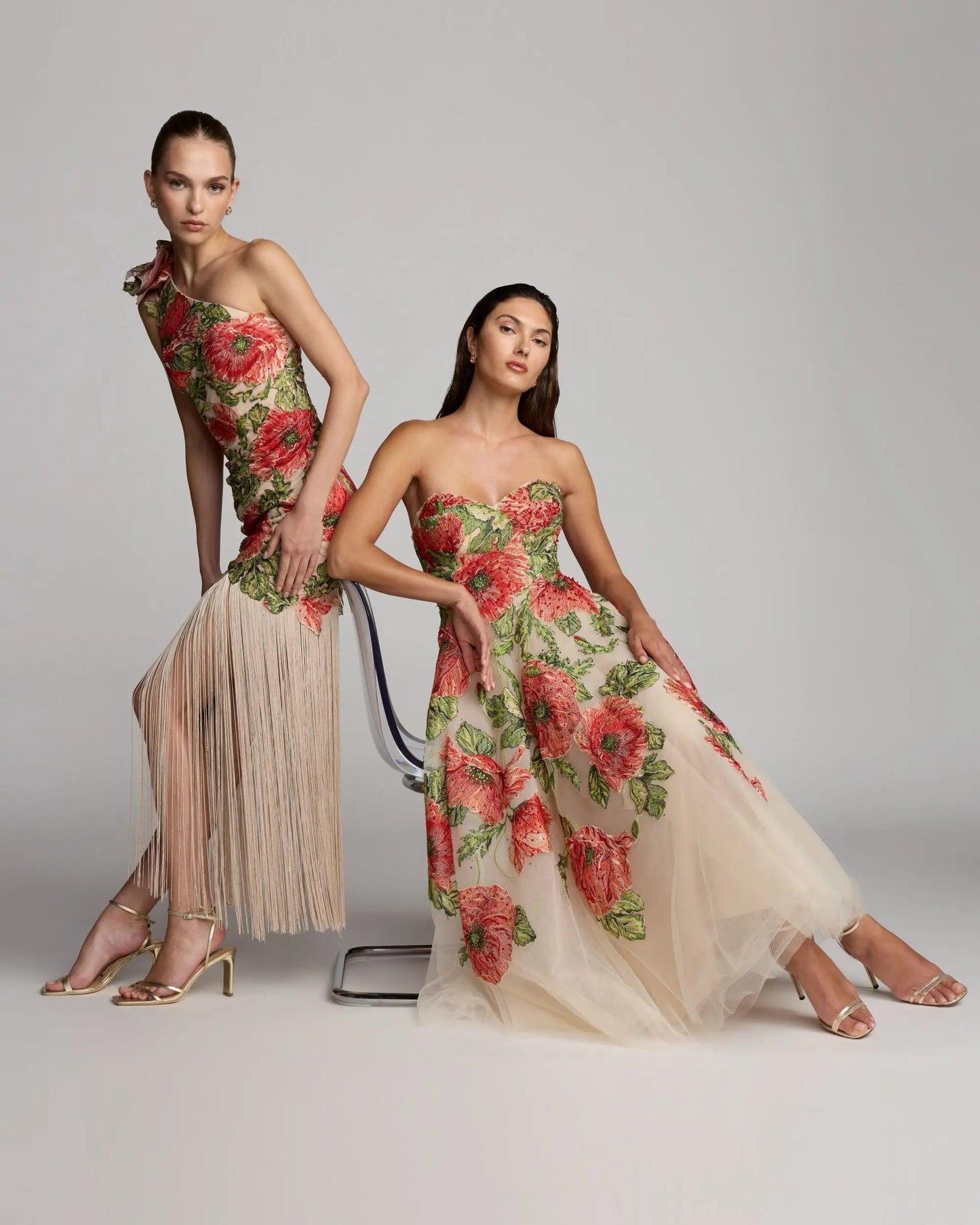 Beige Embroidered One Shoulder Dress With Fringe Hem