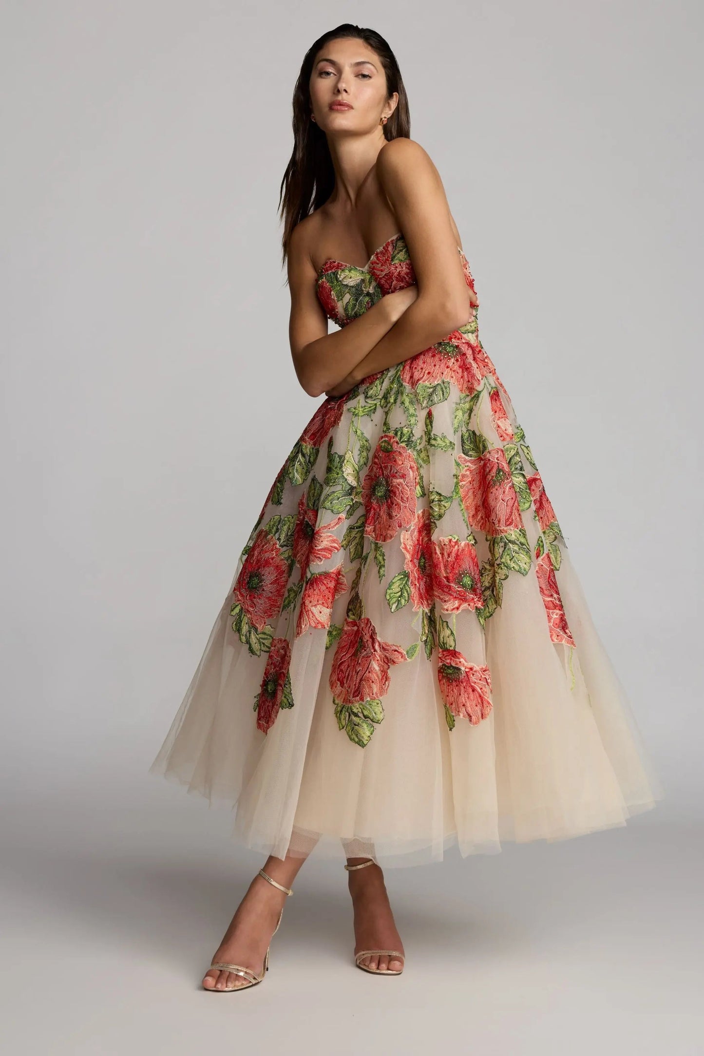 Beige Strapless Floral Embroidered Midi Dress