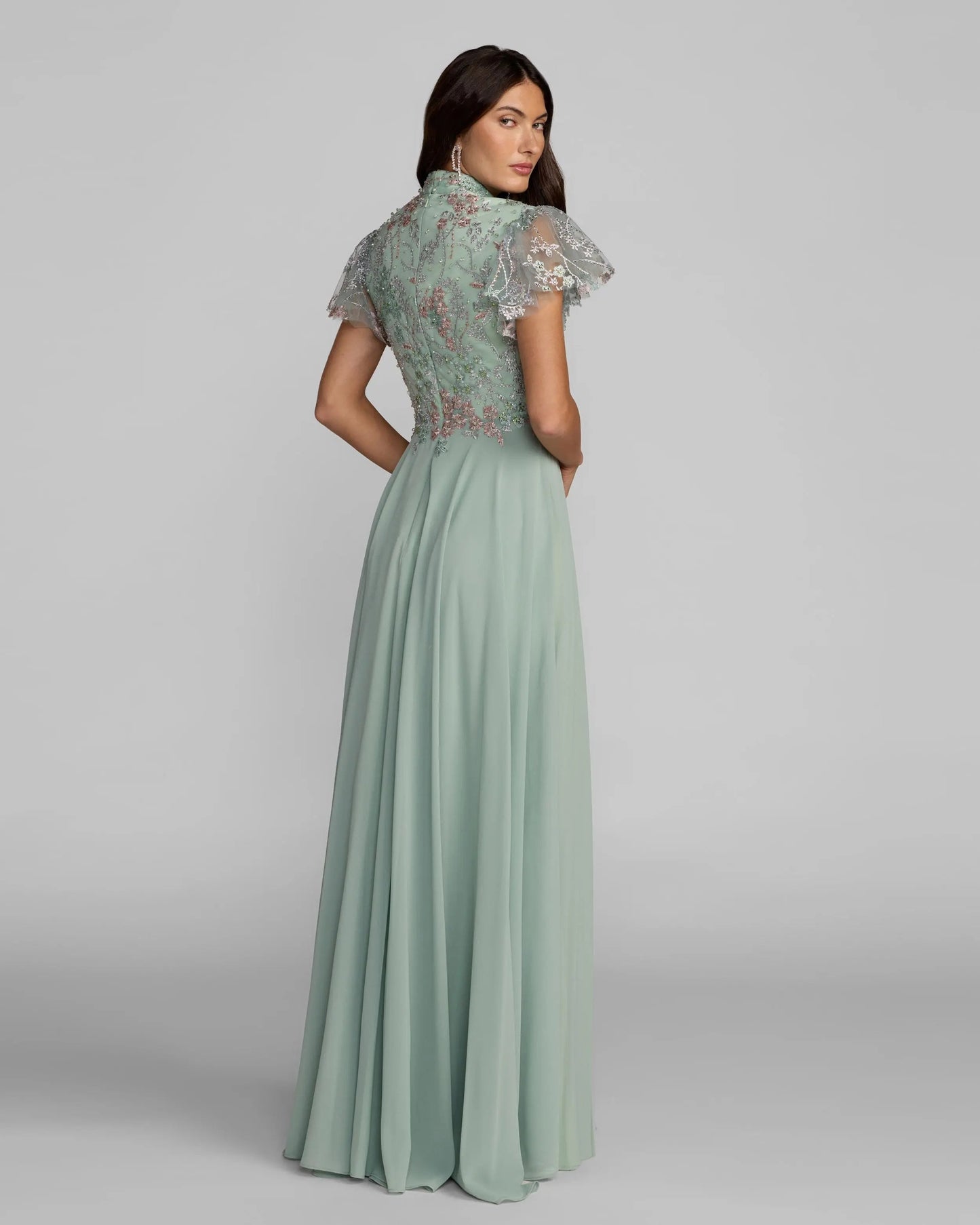 Green Embroidered Flutter Sleeve V Neck Gown