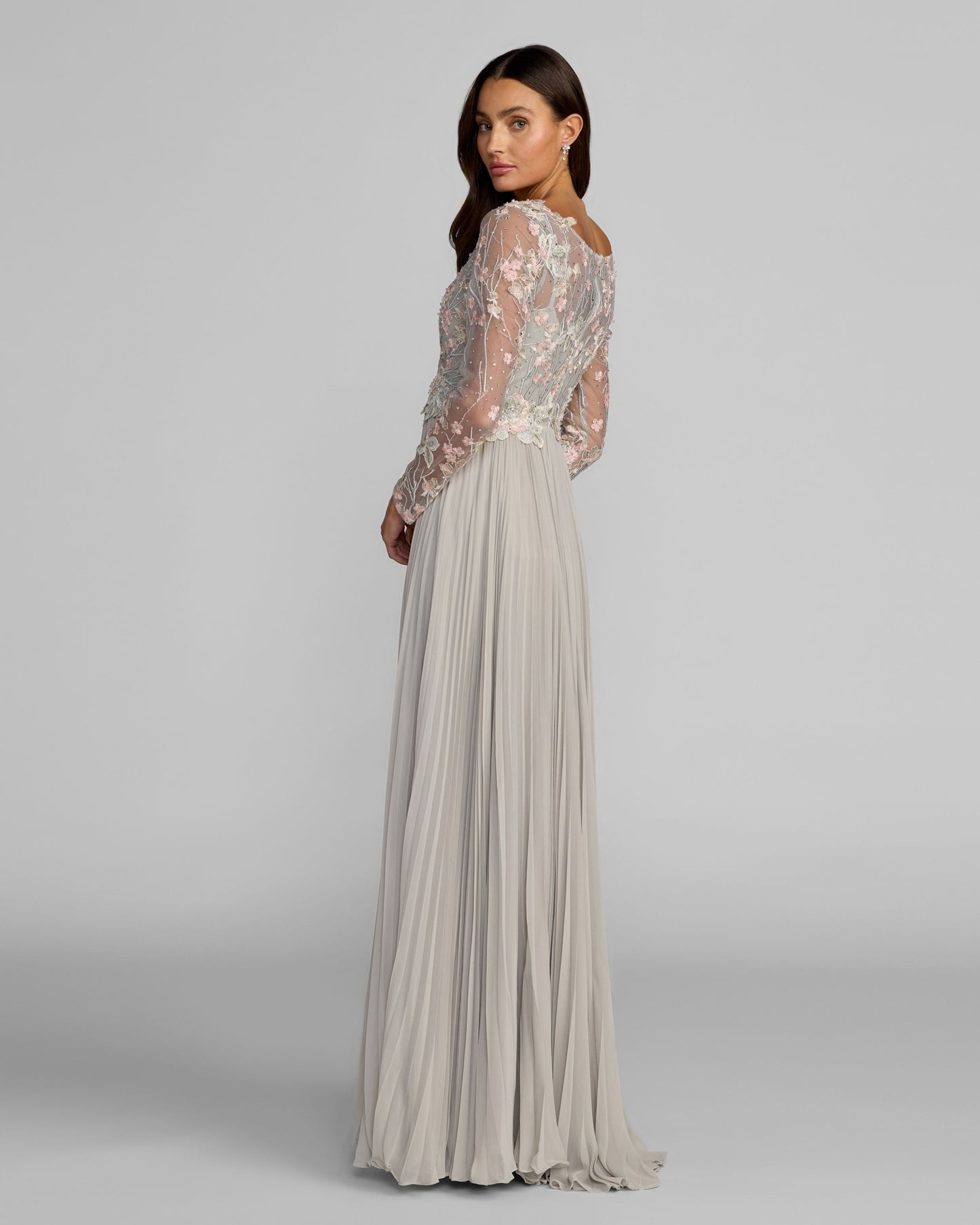 Gray Long Sleeve Embroidered Chiffon A-Line Gown