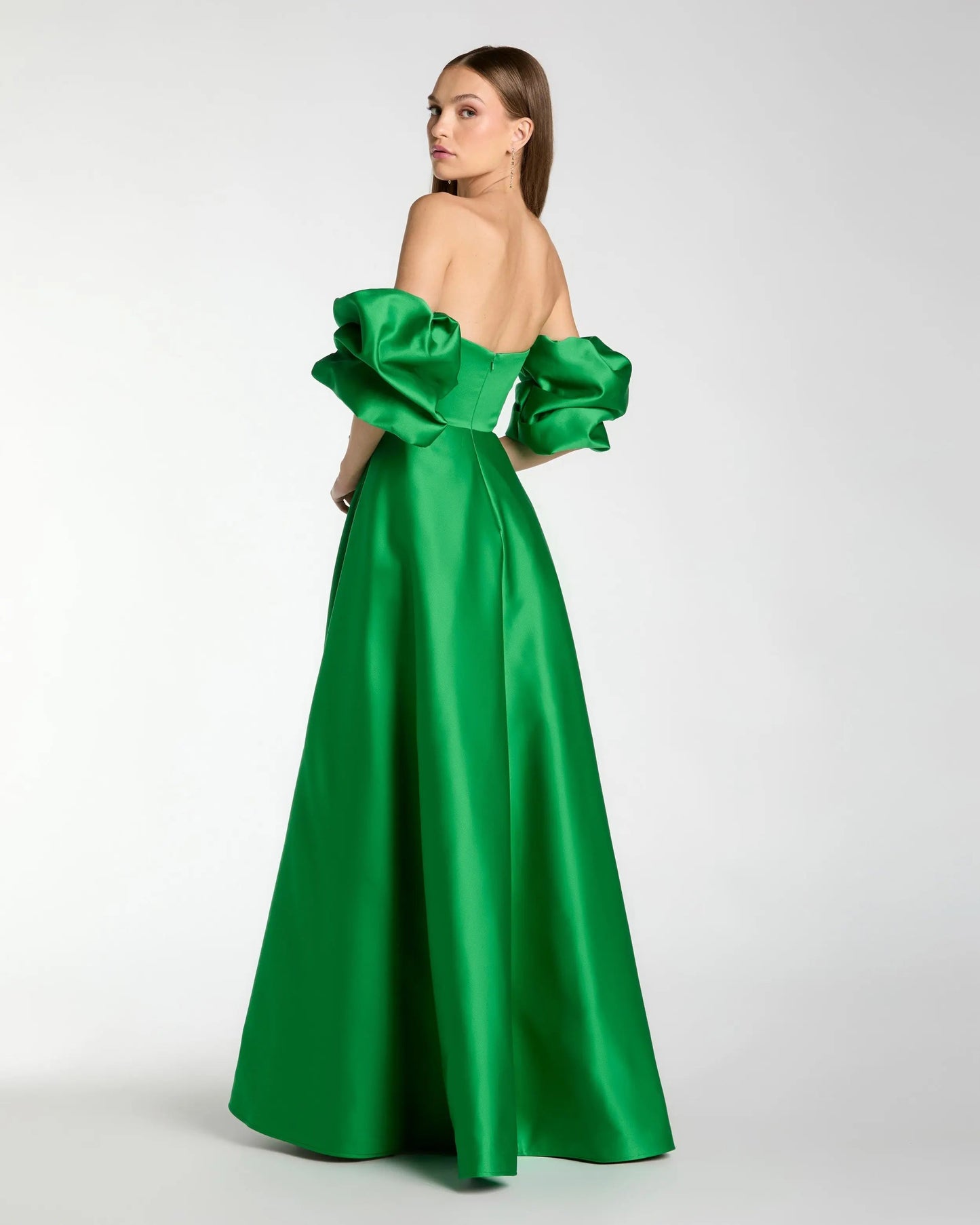 Green Satin Off The Shoulder Puff Sleeve Ball Gown