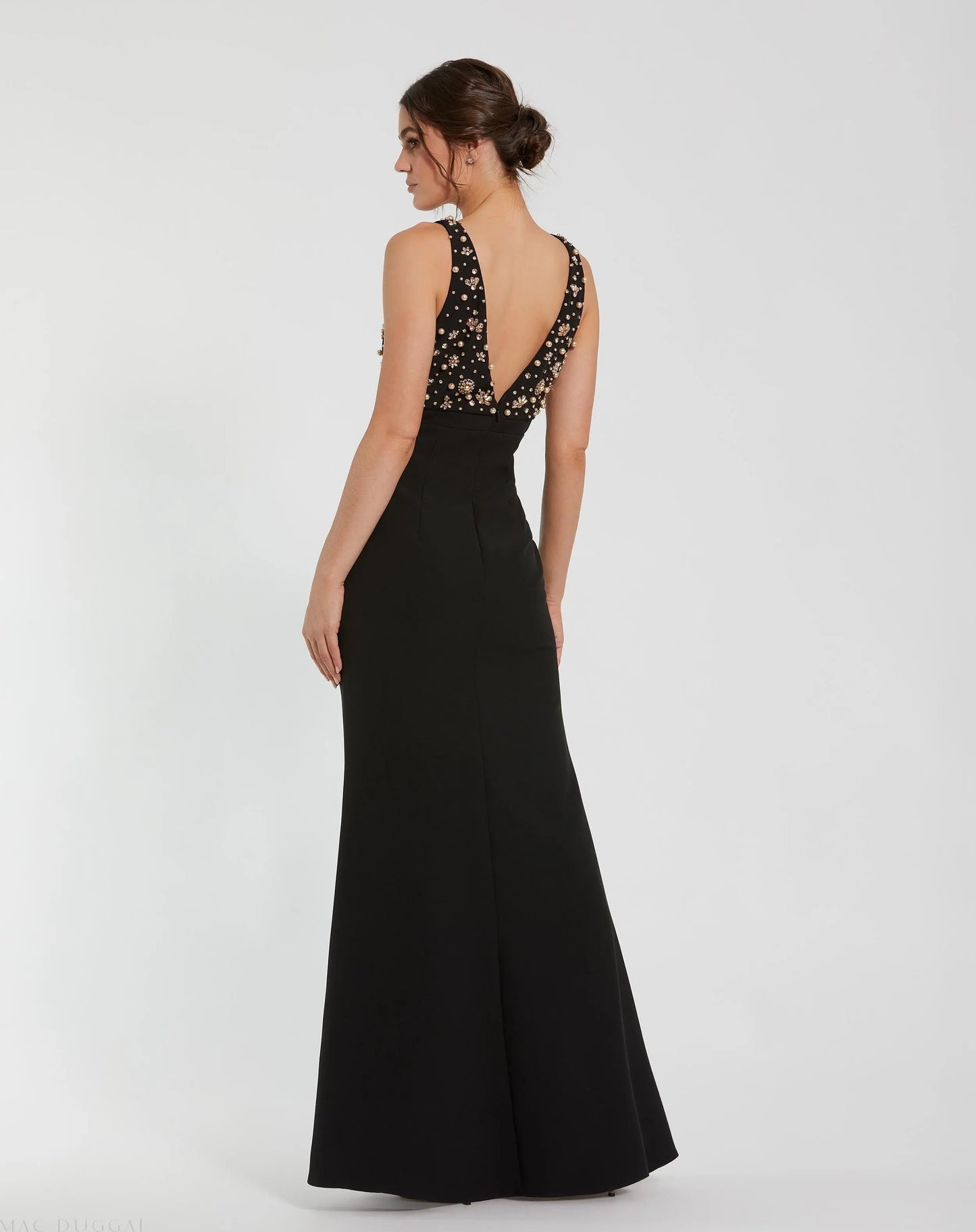 Black Sleeveless Embellished Crepe Gown With Bow