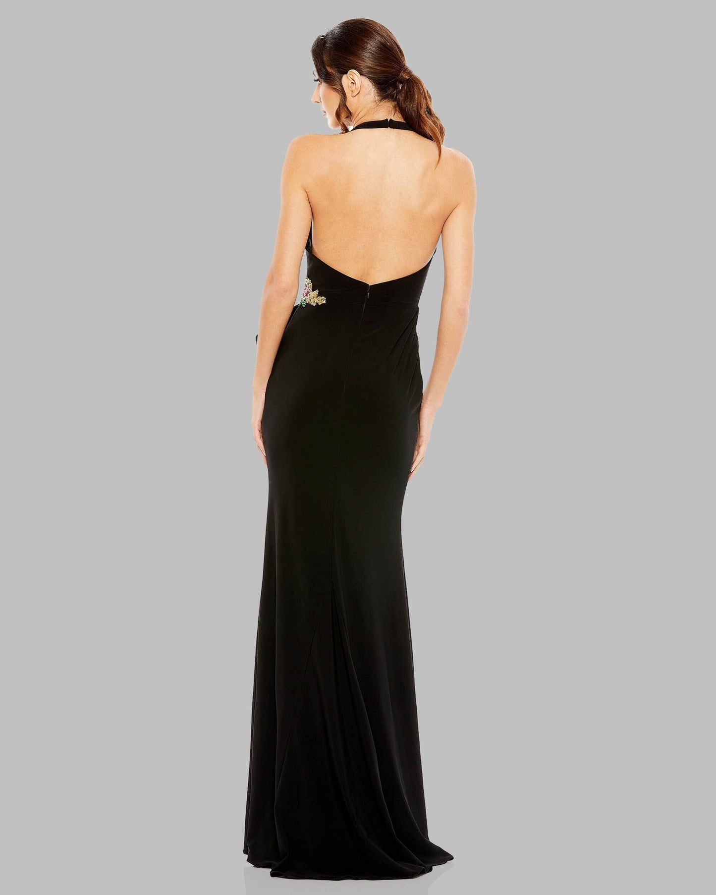 Black Halter Floral Embellished Column Gown