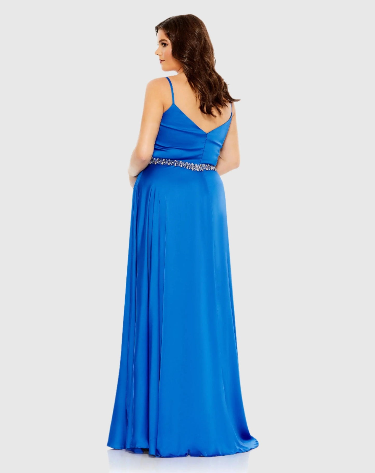 Blue Beaded Belt Faux Wrap A Line Gown (Plus) - FINAL SALE