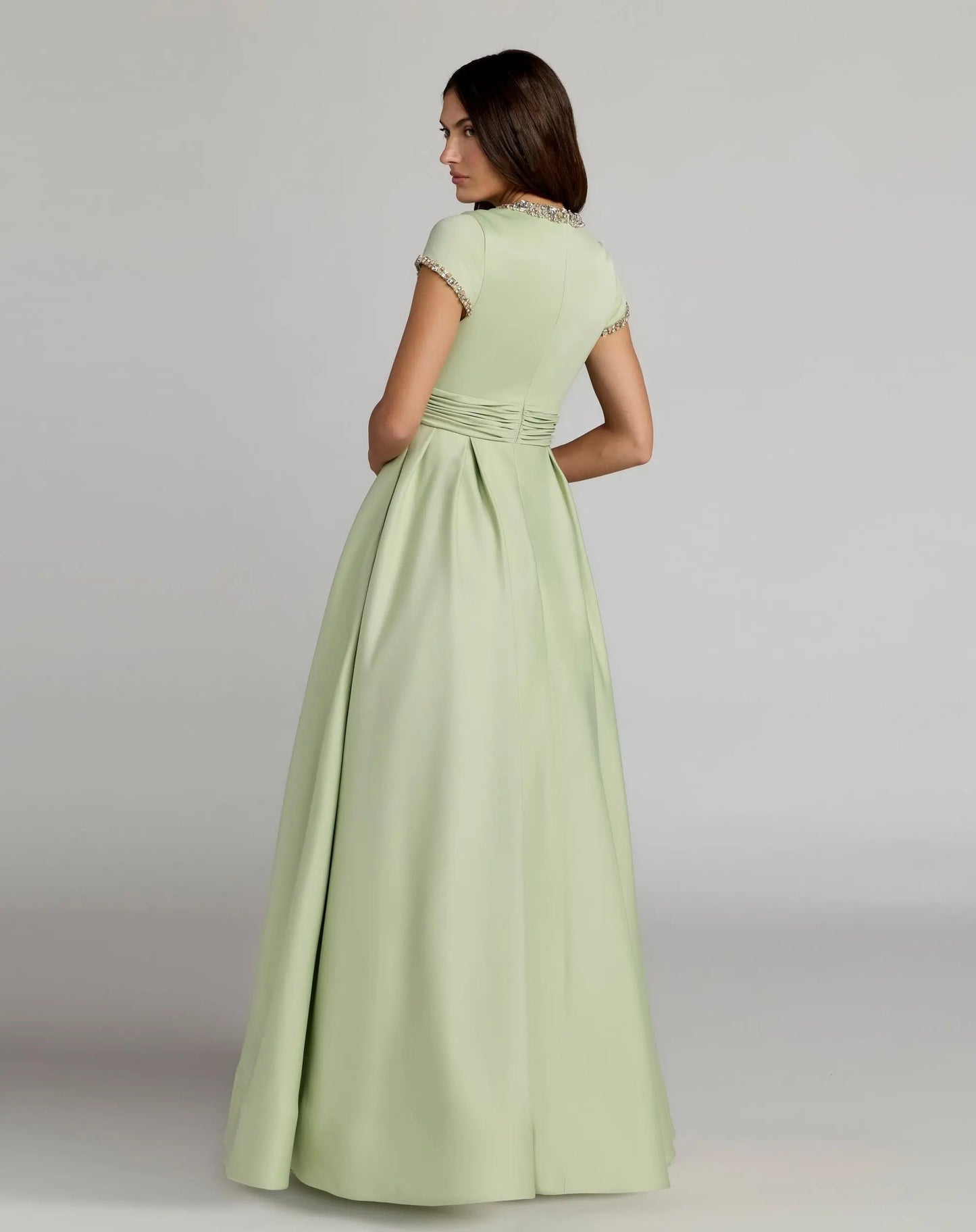 Embellished Satin Cap Sleeve Ball Gown