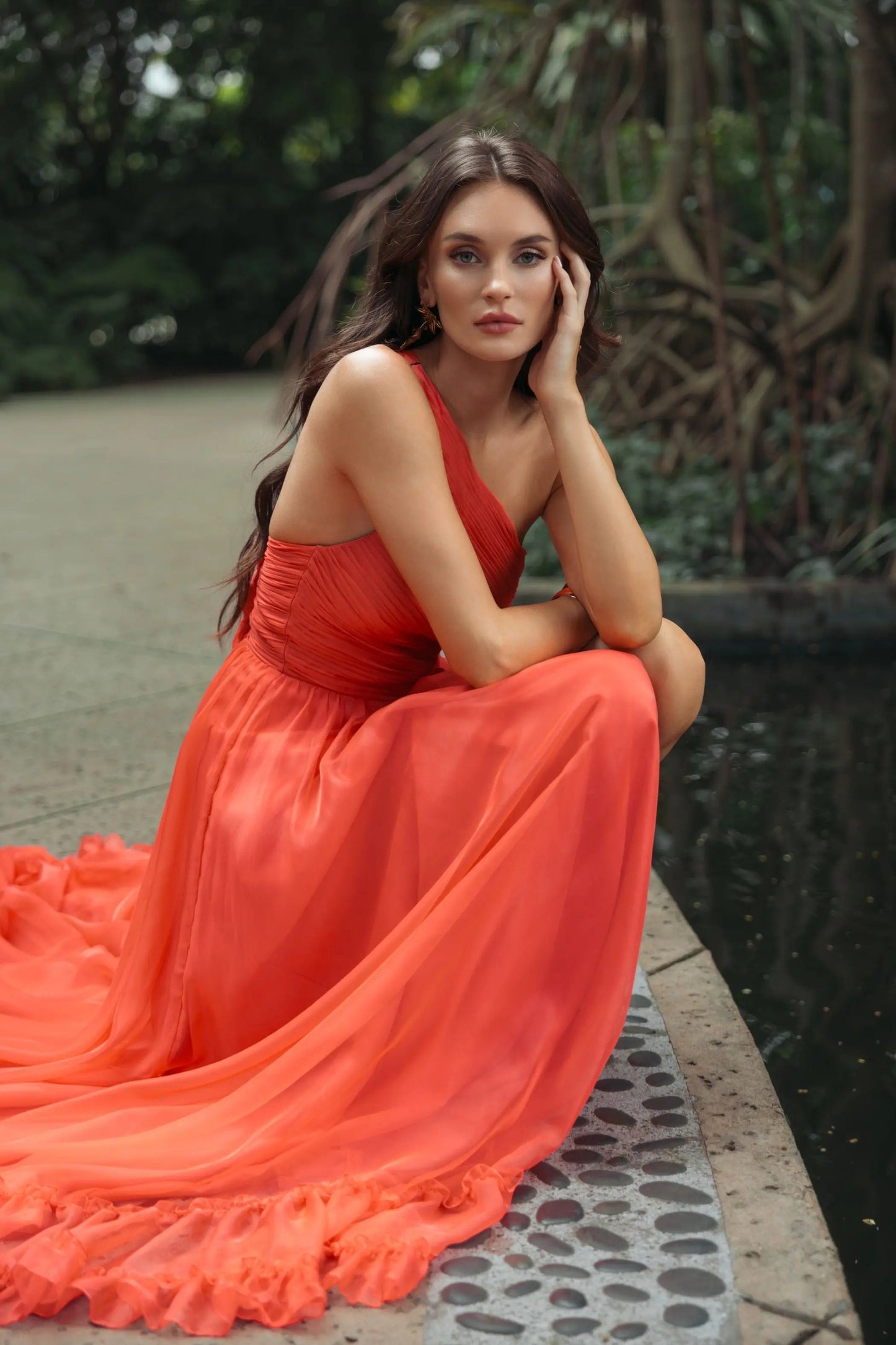 Orange One Shoulder High Low Ruffled Chiffon Gown