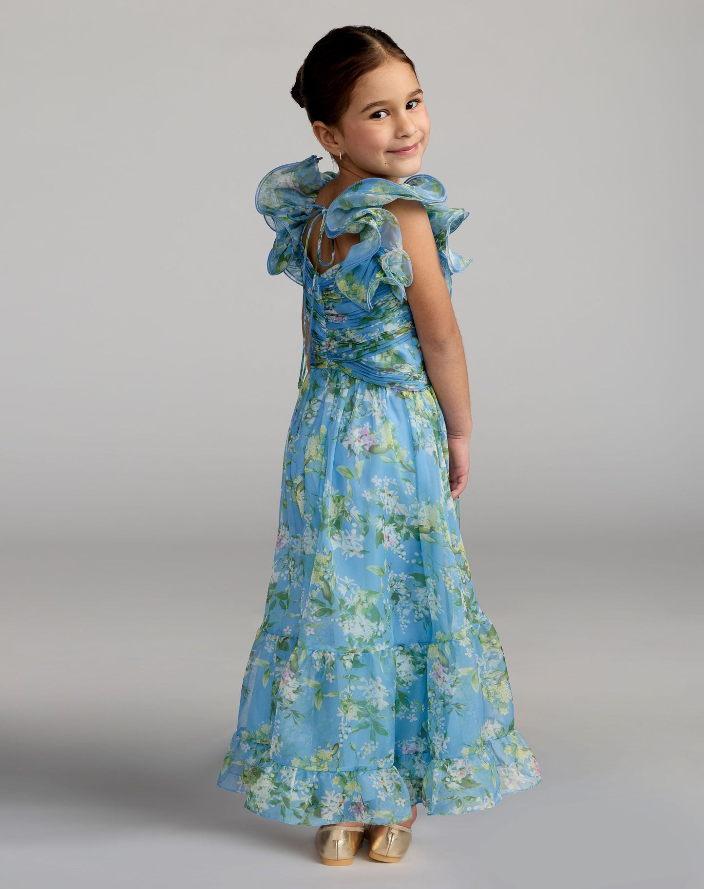 Girls Blue Floral Chiffon Ruffle Shoulder Dress
