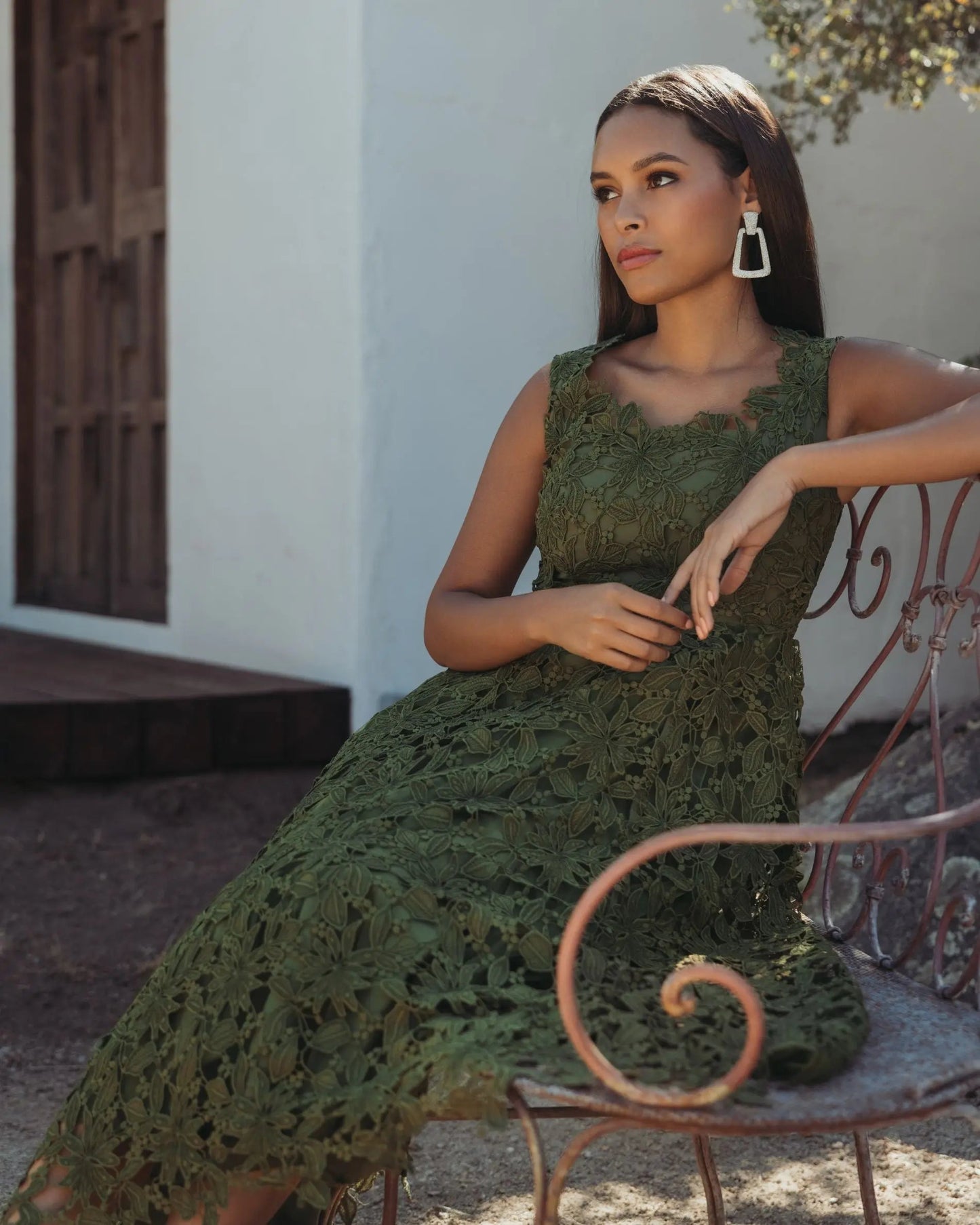 Olive Sleeveless Embroidered Lace A-Line Midi Dress