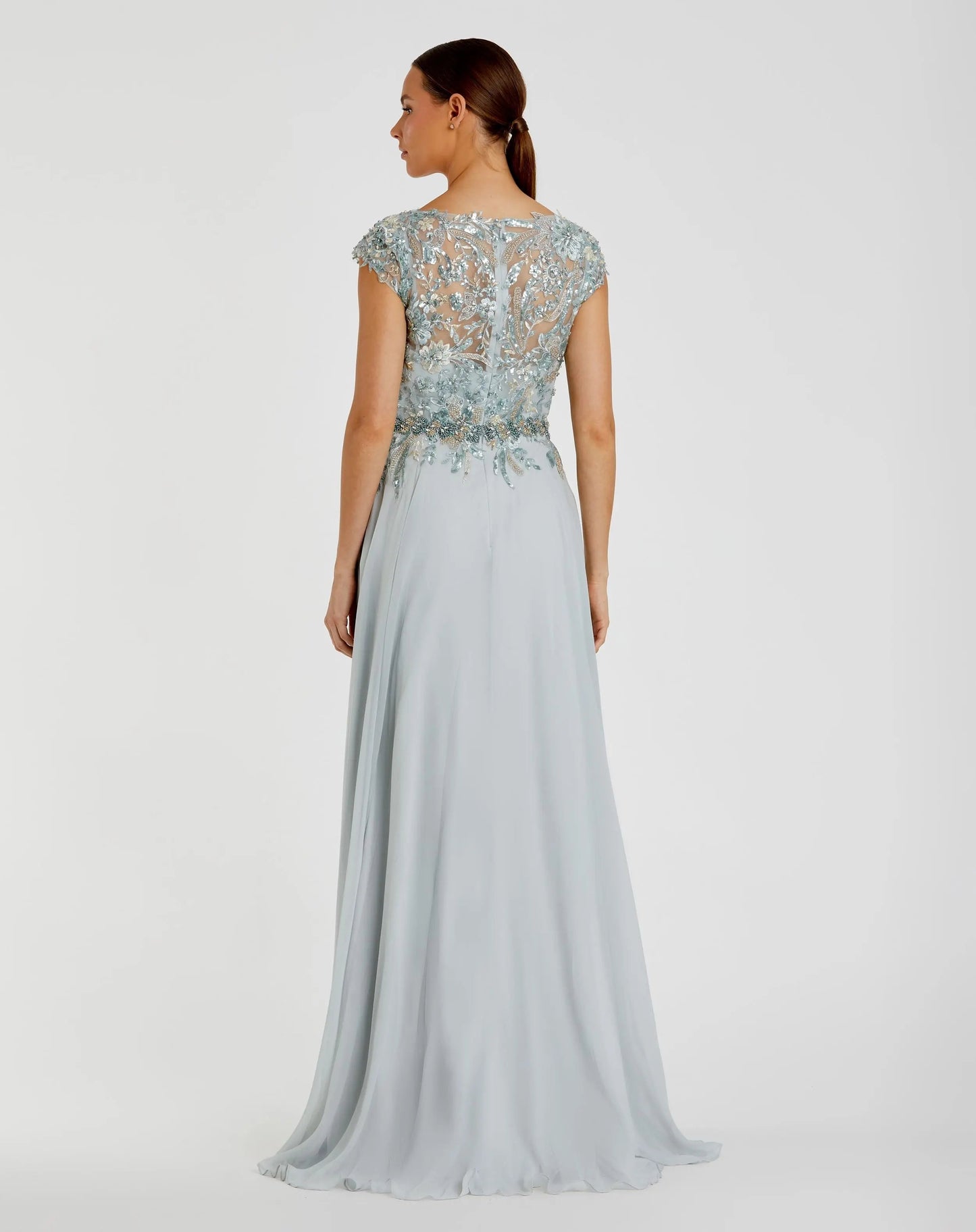 Blue Embellished Chiffon Cap Sleeve A-Line Gown
