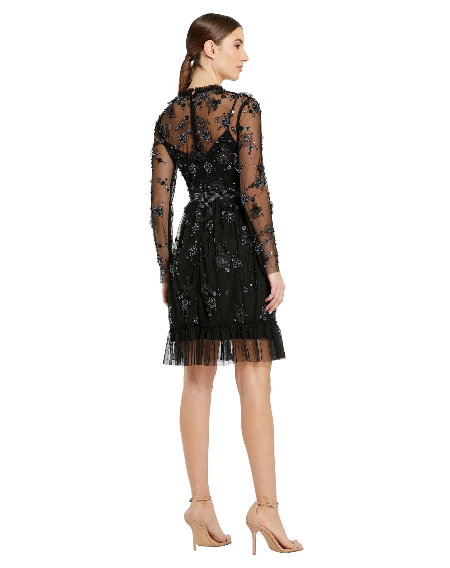 Black Sheer Long Sleeve Embellished Mini Dress