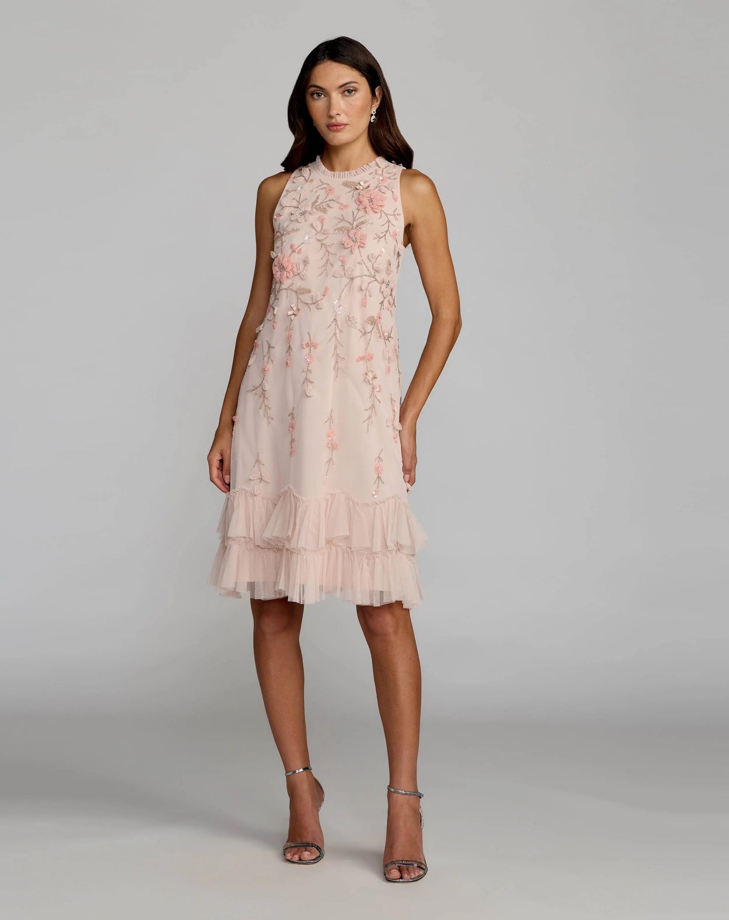 Embellished Ruffle Tiered High Neck Floral Dress