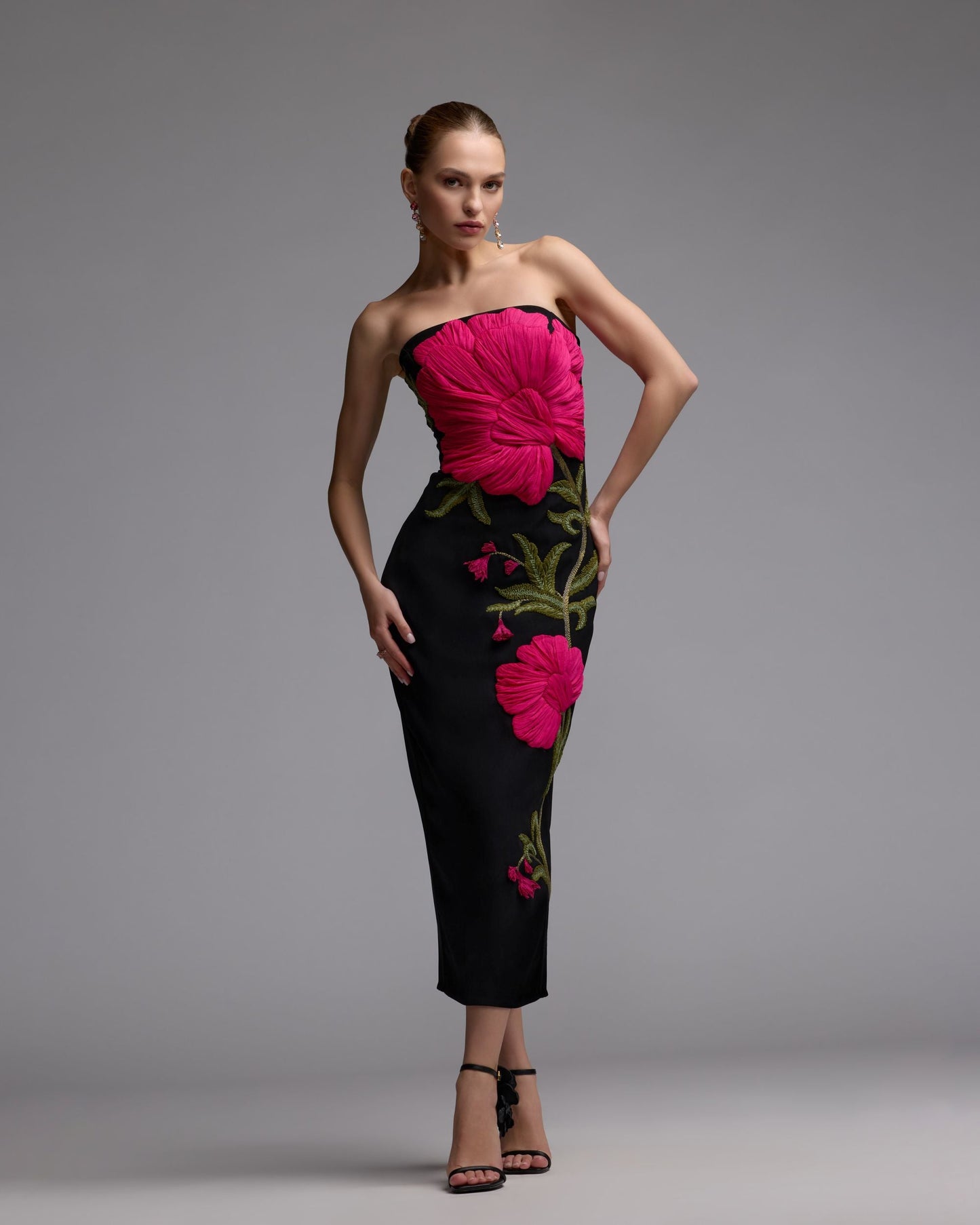 Black Strapless Floral Embroidered Midi Dress