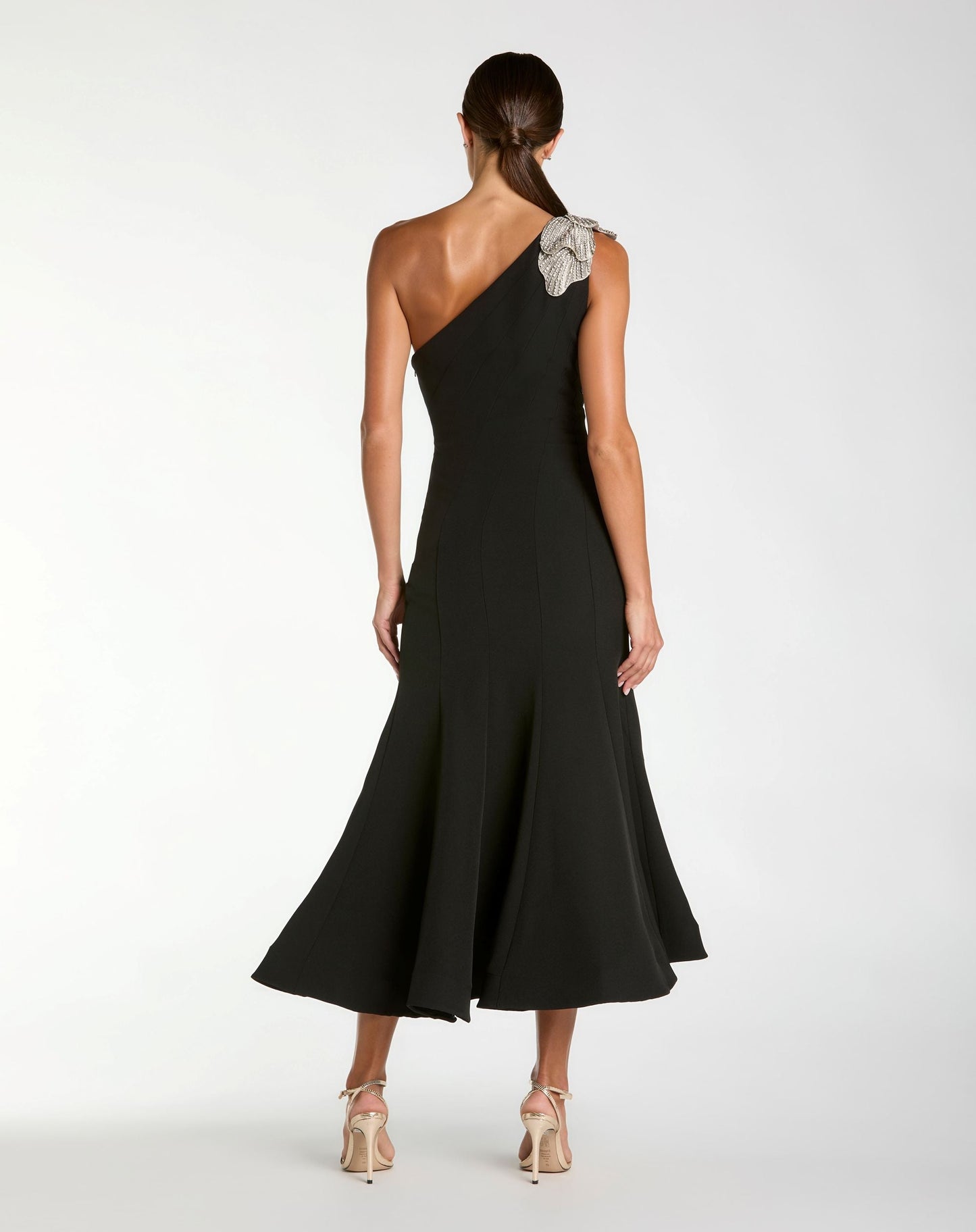 Petite Black Crepe One Shoulder Mermaid Midi Dress With Flower