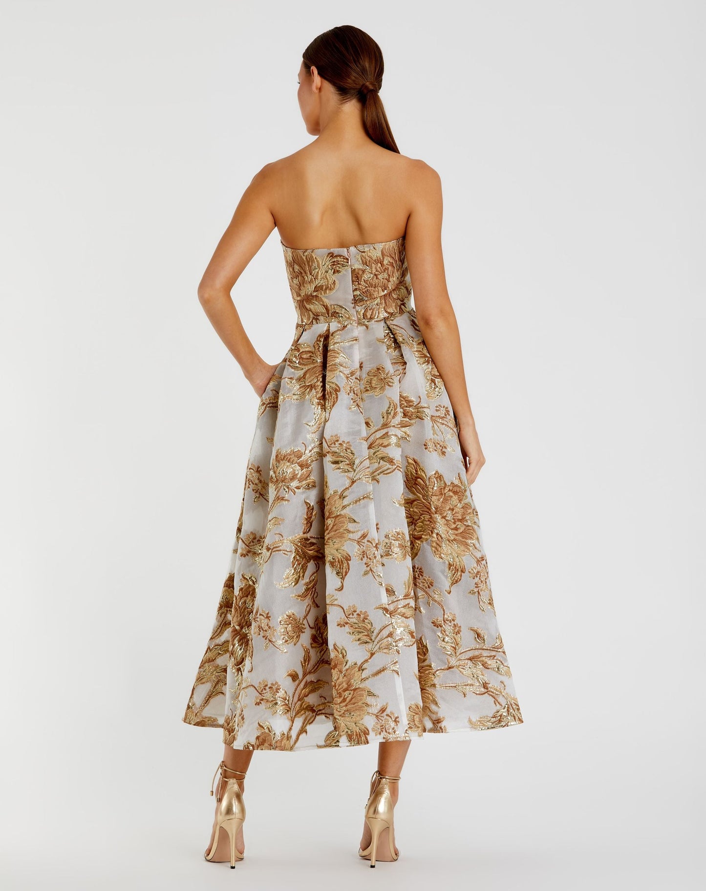 Petite Gold Strapless Brocade Midi Dress with Pockets