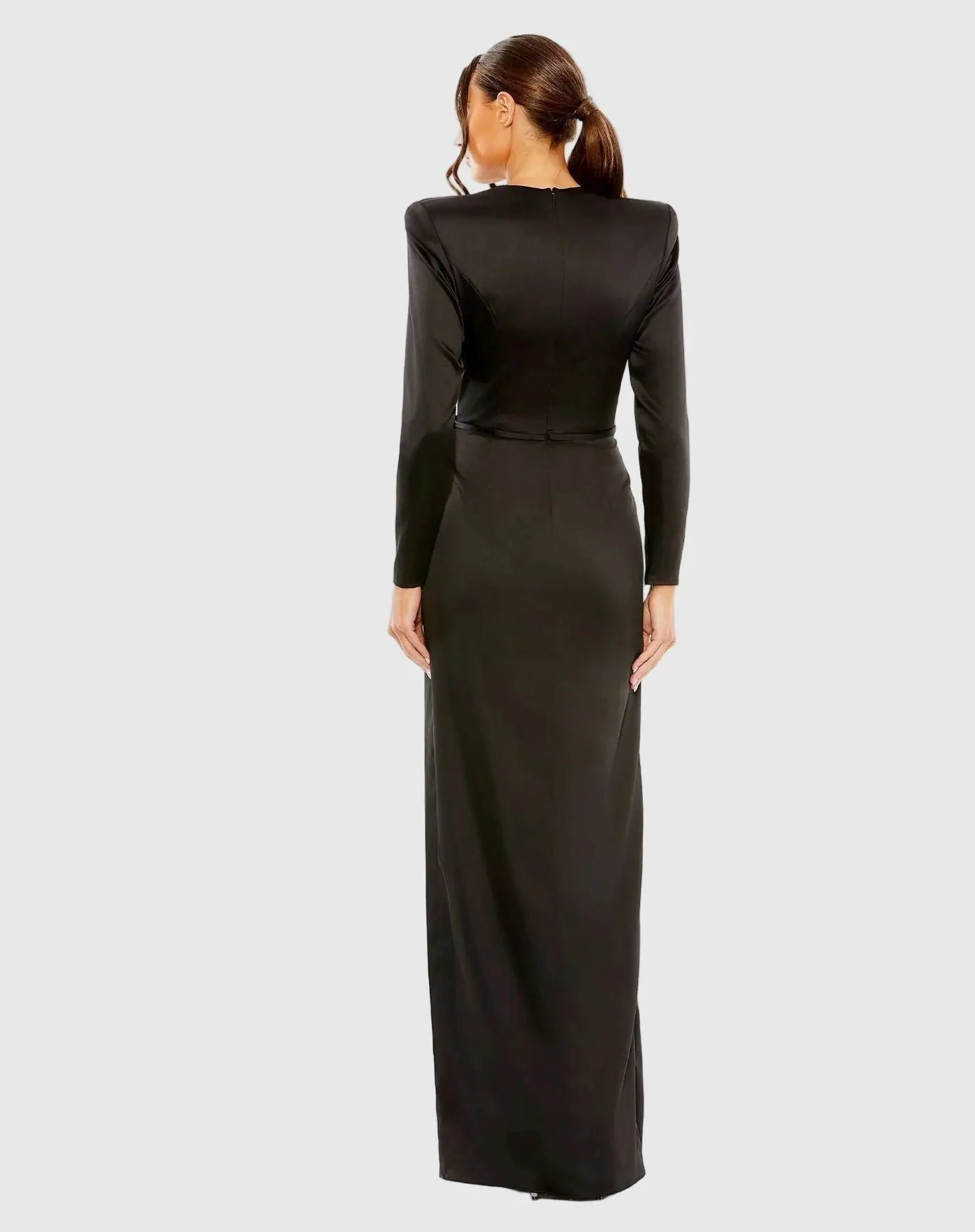 Petite Black Long Sleeve Satin Structured Bow Draped Column Gown