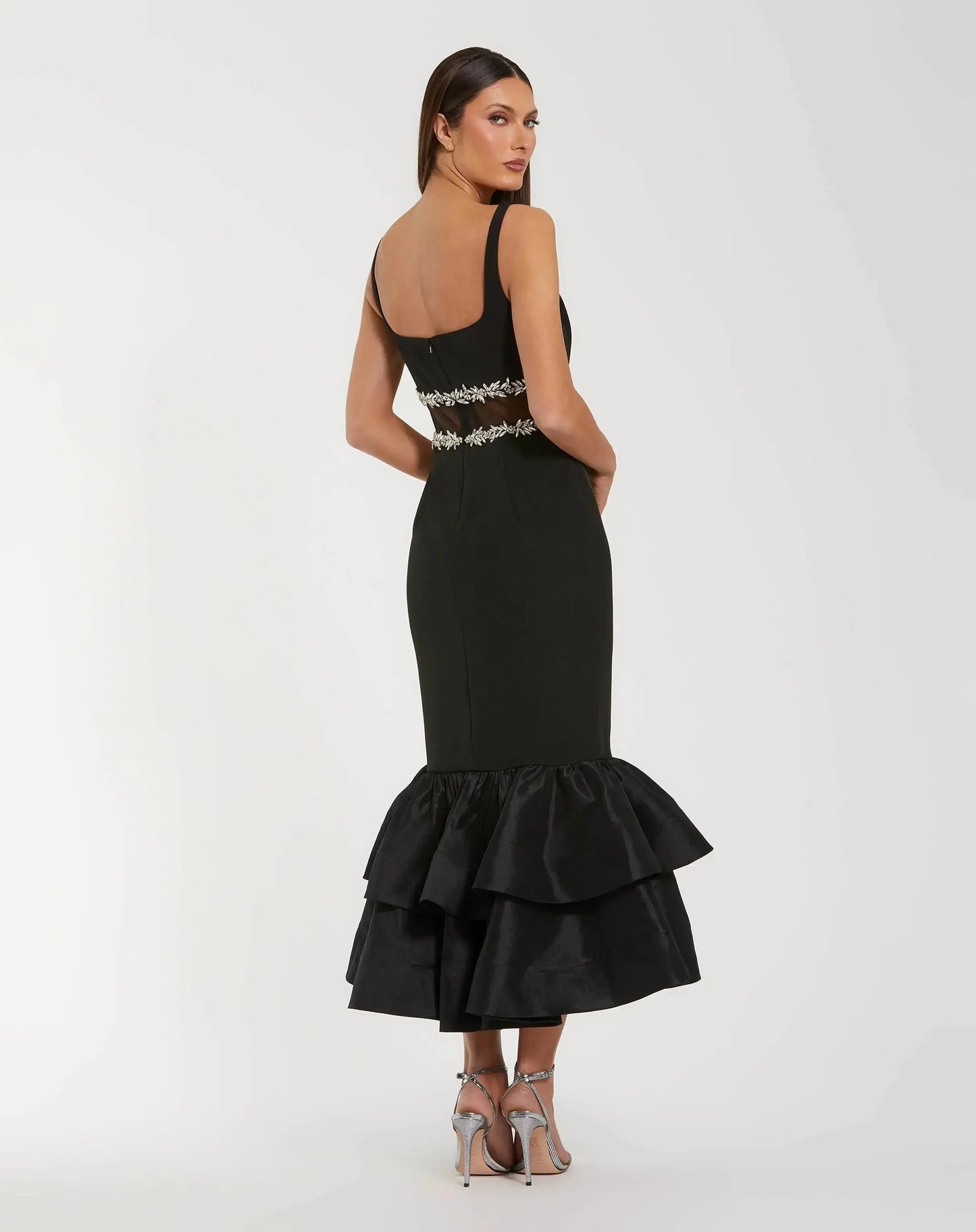 Petite Black Crepe Ruffle Hem Midi Dress With Jewel Detail