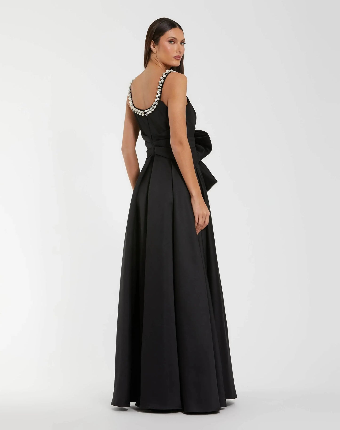 Petite Black Satin Gown With Pearl Neckline and Bow Detail