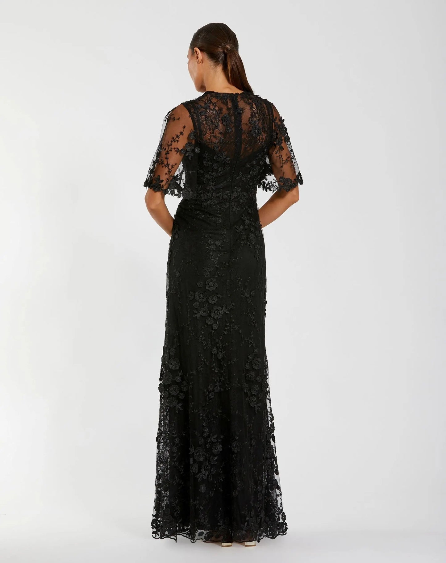 Petite Black Flutter Sleeve Floral Embroidered Net Gown
