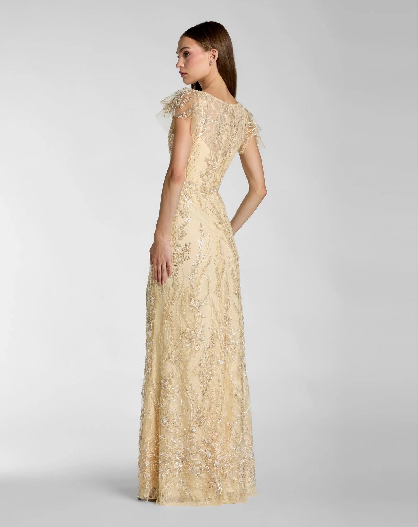 Petite Gold V-Neck Flutter Sleeve Floral Embroidered Gown