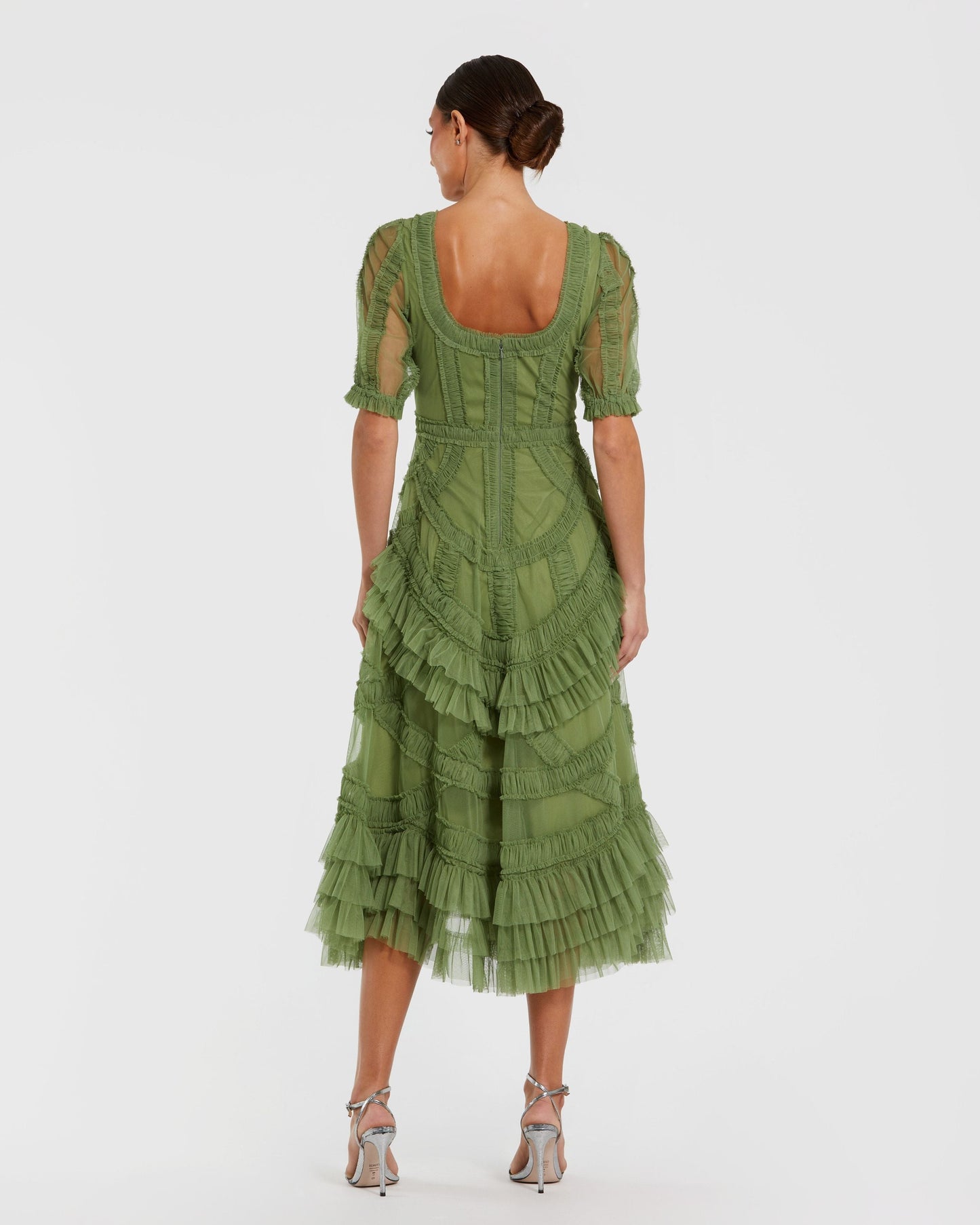 Petite Green Short Sleeve Micro Ruffle Midi Dress