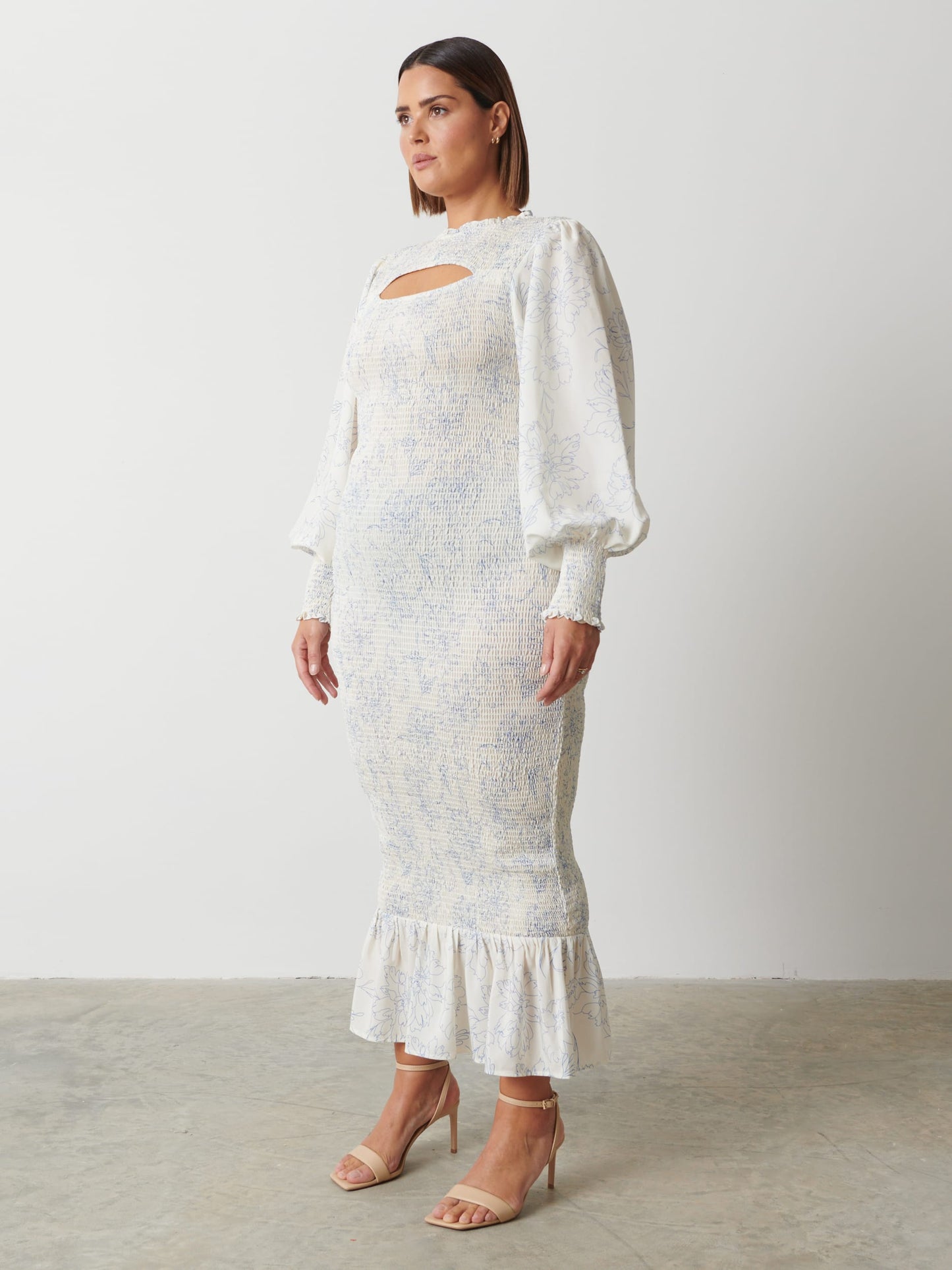 Elise Cut Out Shirred Printed Midaxi Dress Curve - Peony Abstract Floral