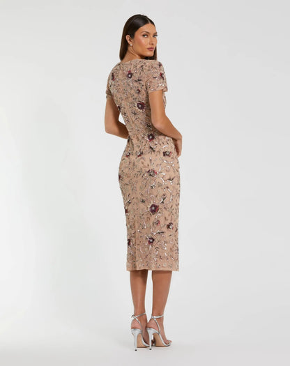 Beige Floral Embellished Short Sleeve Midi Dress