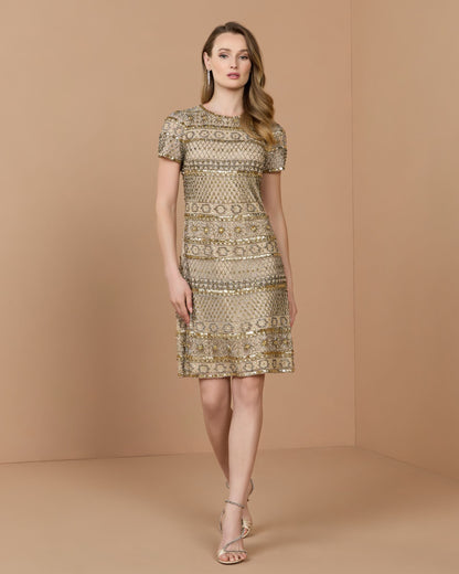 Gold Short Sleeve Embellished Mini Dress
