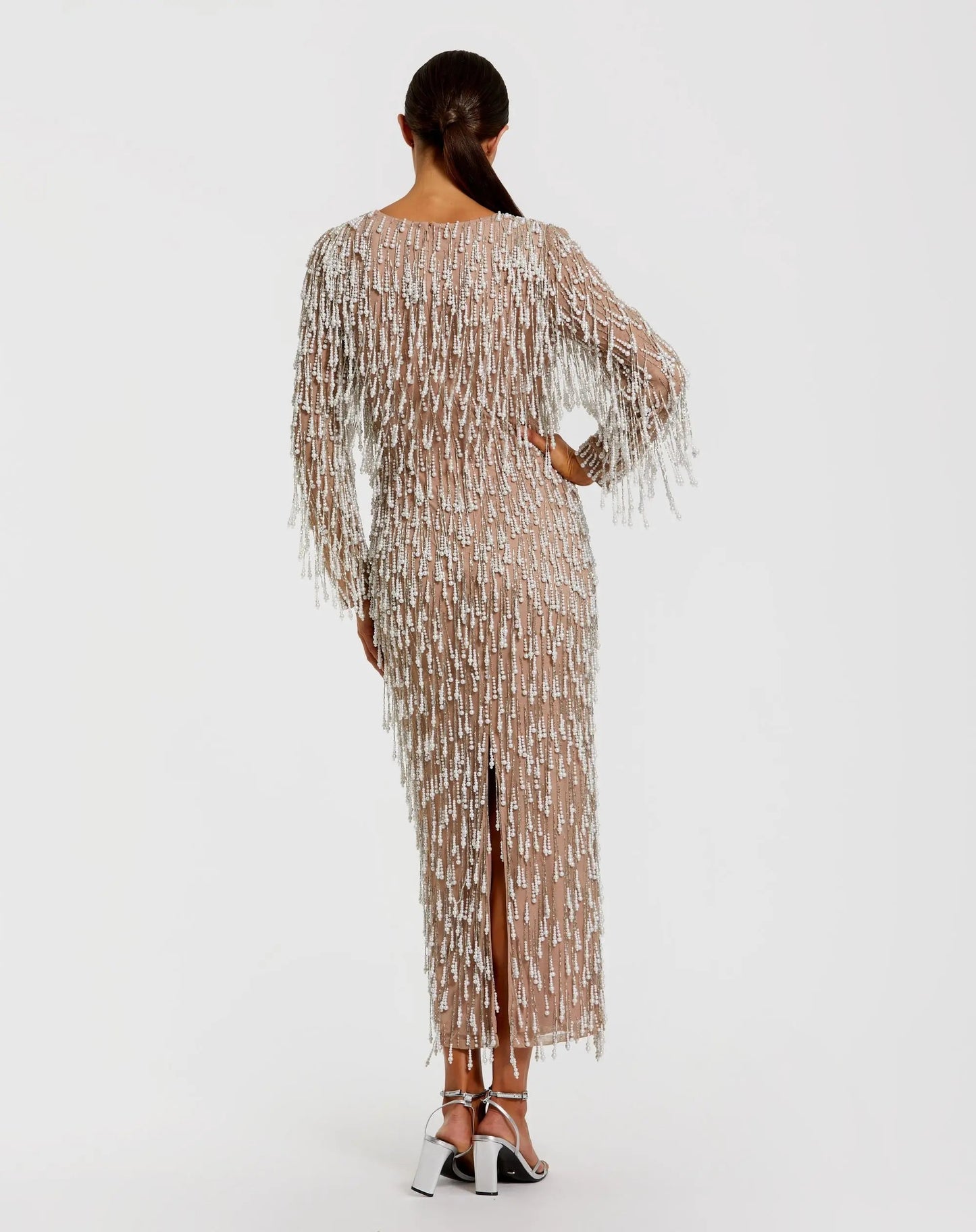 Beige Long Sleeve Midi Dress With Embellished Fringe