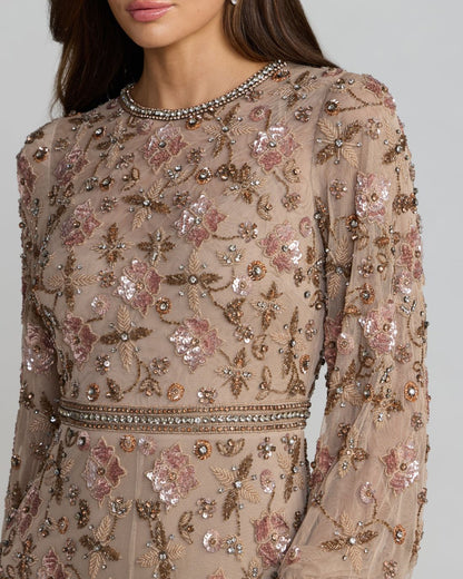 Beige Crystal Beaded Floral Bishop Sleeve Gown
