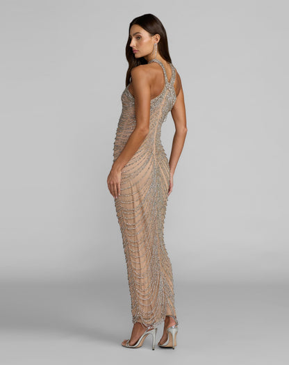 Beige Halter Neck Embellished Maxi Dress