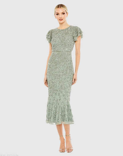 Hand Beaded Flounce Sleeve Midi Dress