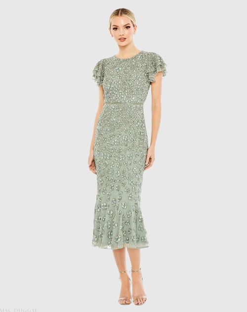 Hand Beaded Flounce Sleeve Midi Dress
