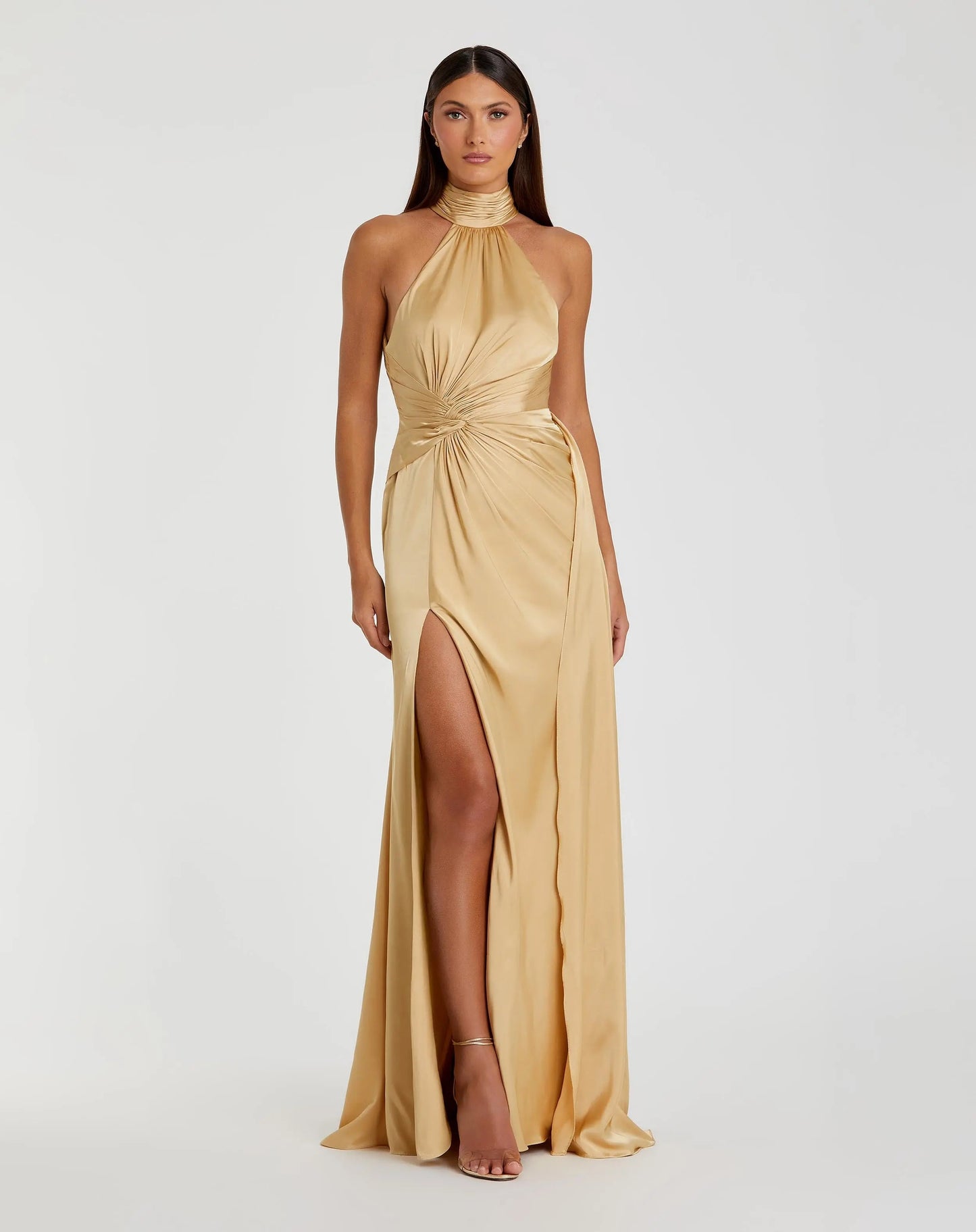 Gold Sleeveless Open Back Satin Gown