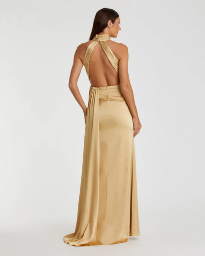 Gold Sleeveless Open Back Satin Gown