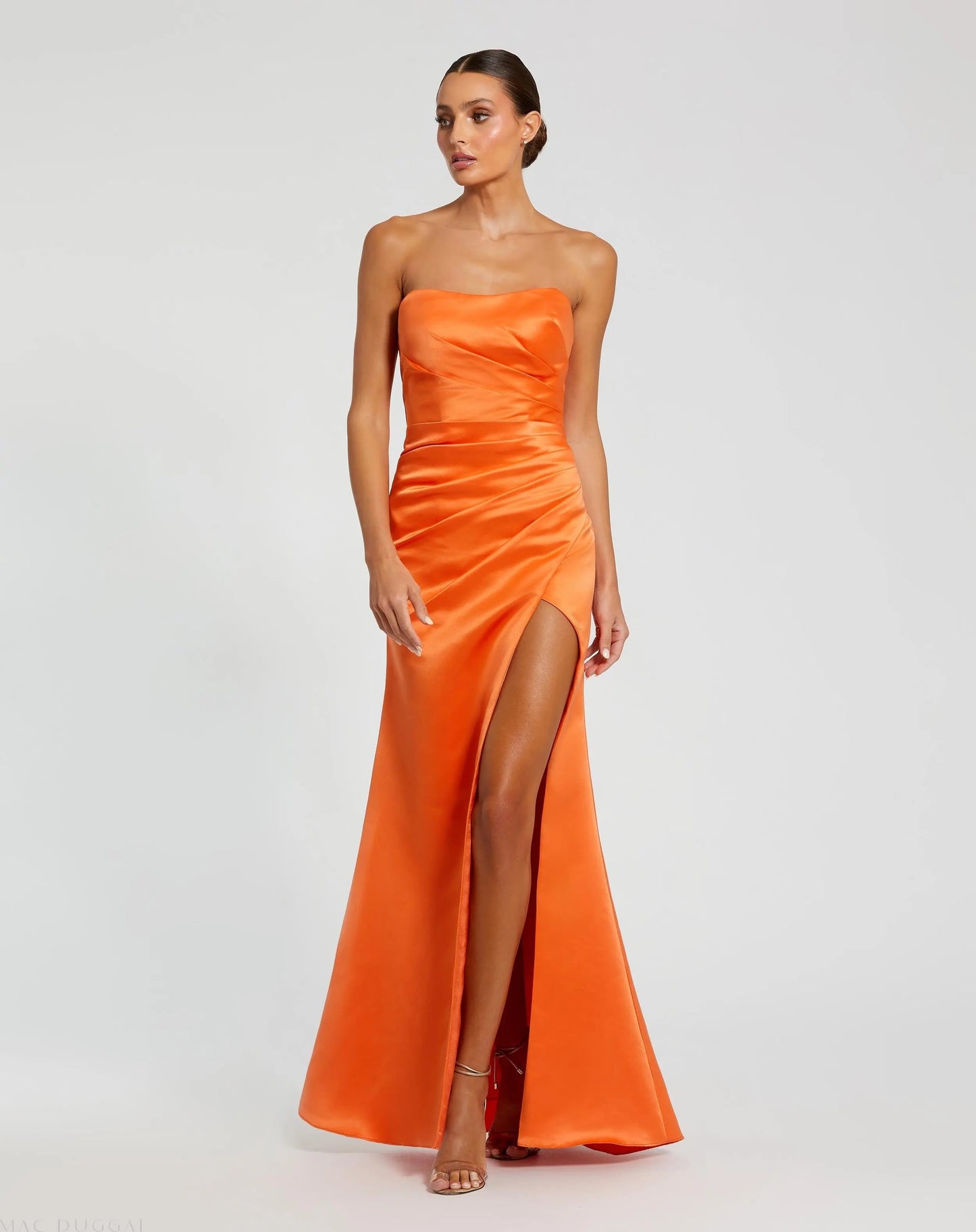 Orange Strapless Satin Gown With Slit