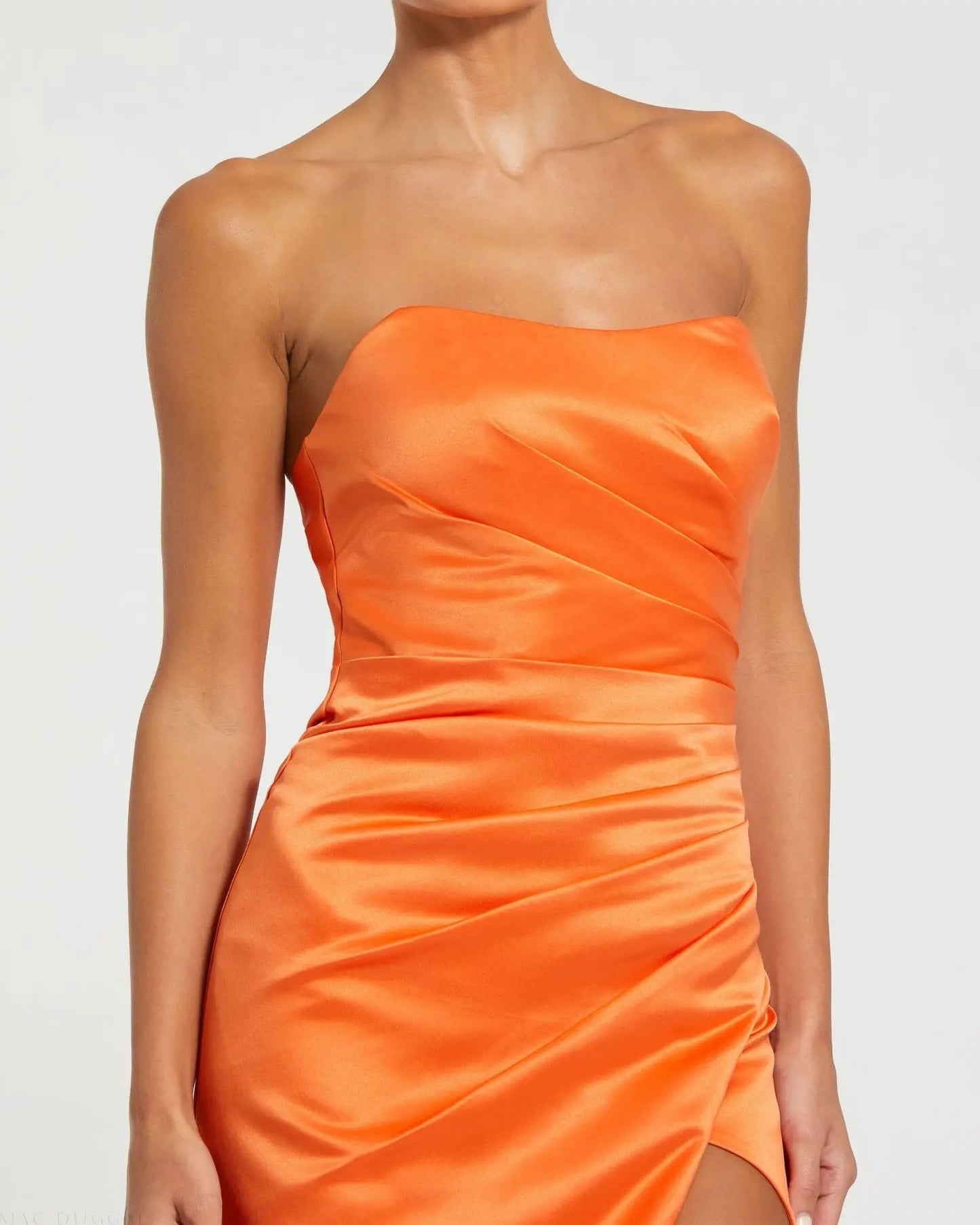 Orange Strapless Satin Gown With Slit
