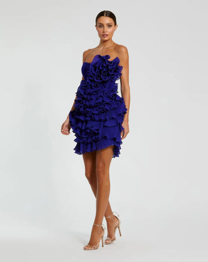 Blue Strapless Ruffle Mini Dress