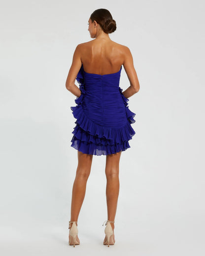 Blue Strapless Ruffle Mini Dress