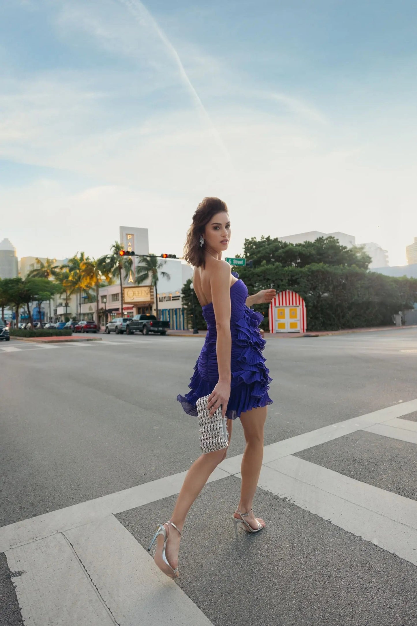 Blue Strapless Ruffle Mini Dress