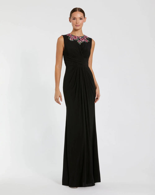 Black Jersey Twist Gown With Embellished Neckline