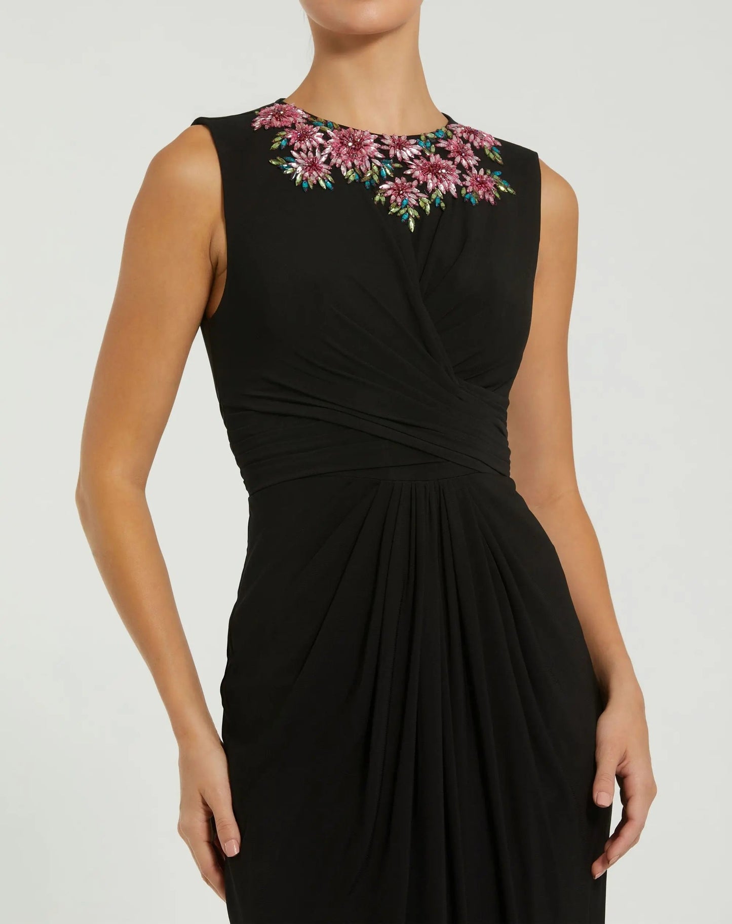 Black Jersey Twist Gown With Embellished Neckline